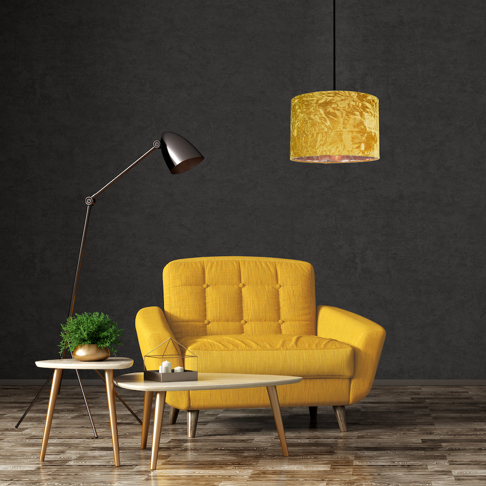 Modern Ochre/Mustard Crushed Velvet 12" Table/Pendant Shade with Copper Inner Image 6