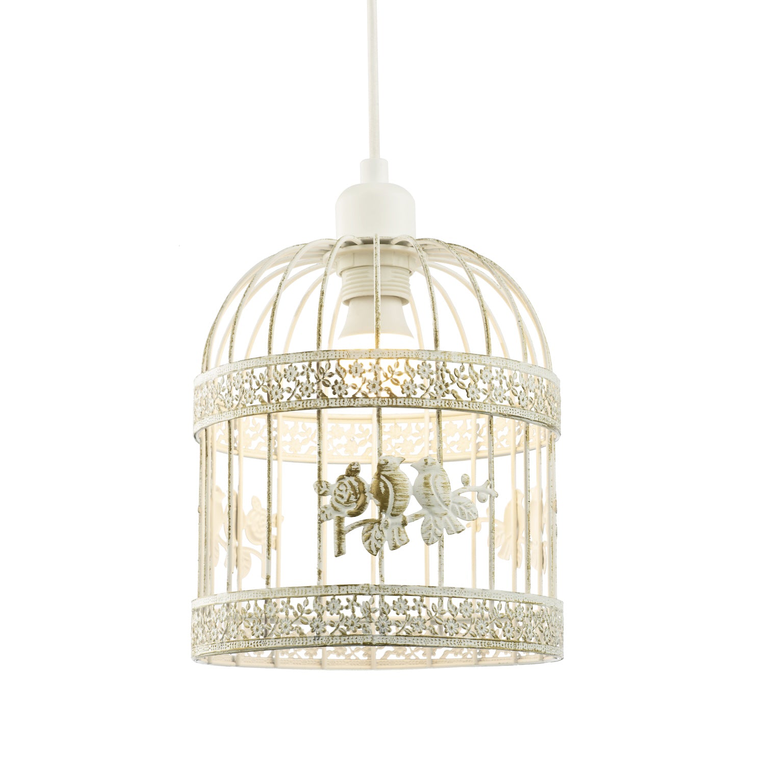 Shabby Chic Brushed Cream and Gold Birdcage Shade with 3D Flowers and Birds Image 1