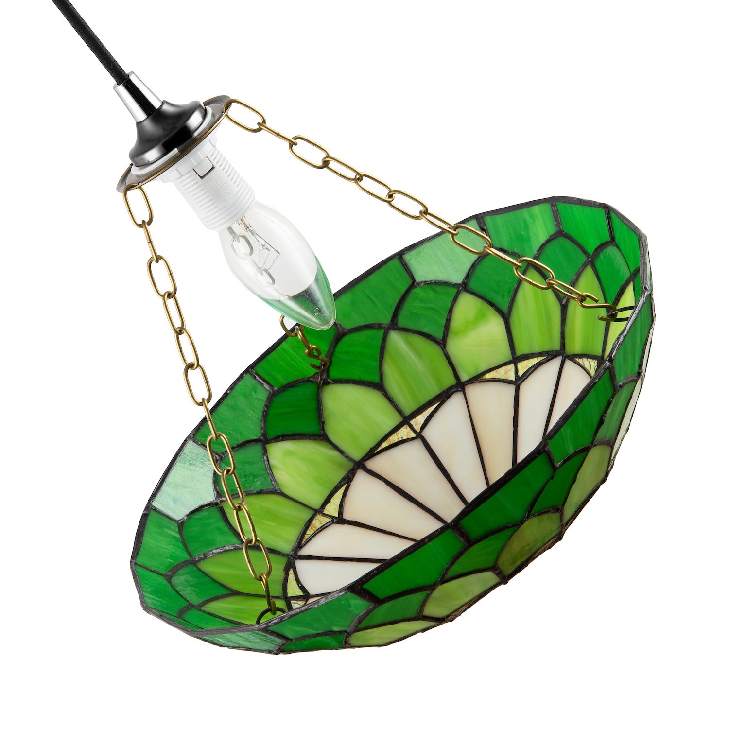 Amber and Green Stained Glass Domed Tiffany Pendant Lamp Shade with Chain Image 5