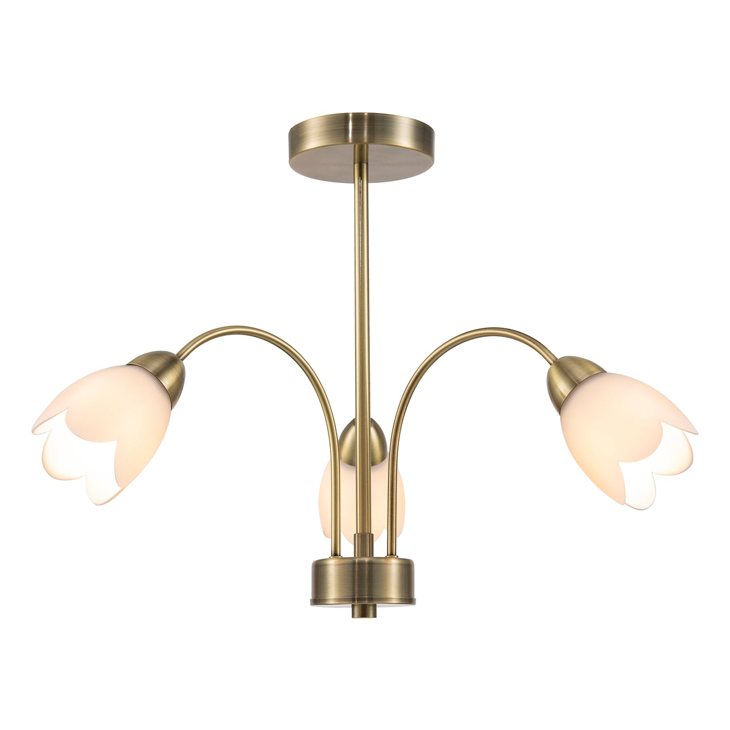 Contemporary Ceiling Lamp Fitting in Antique Brass with Opal Petal Glass Shades Image 1