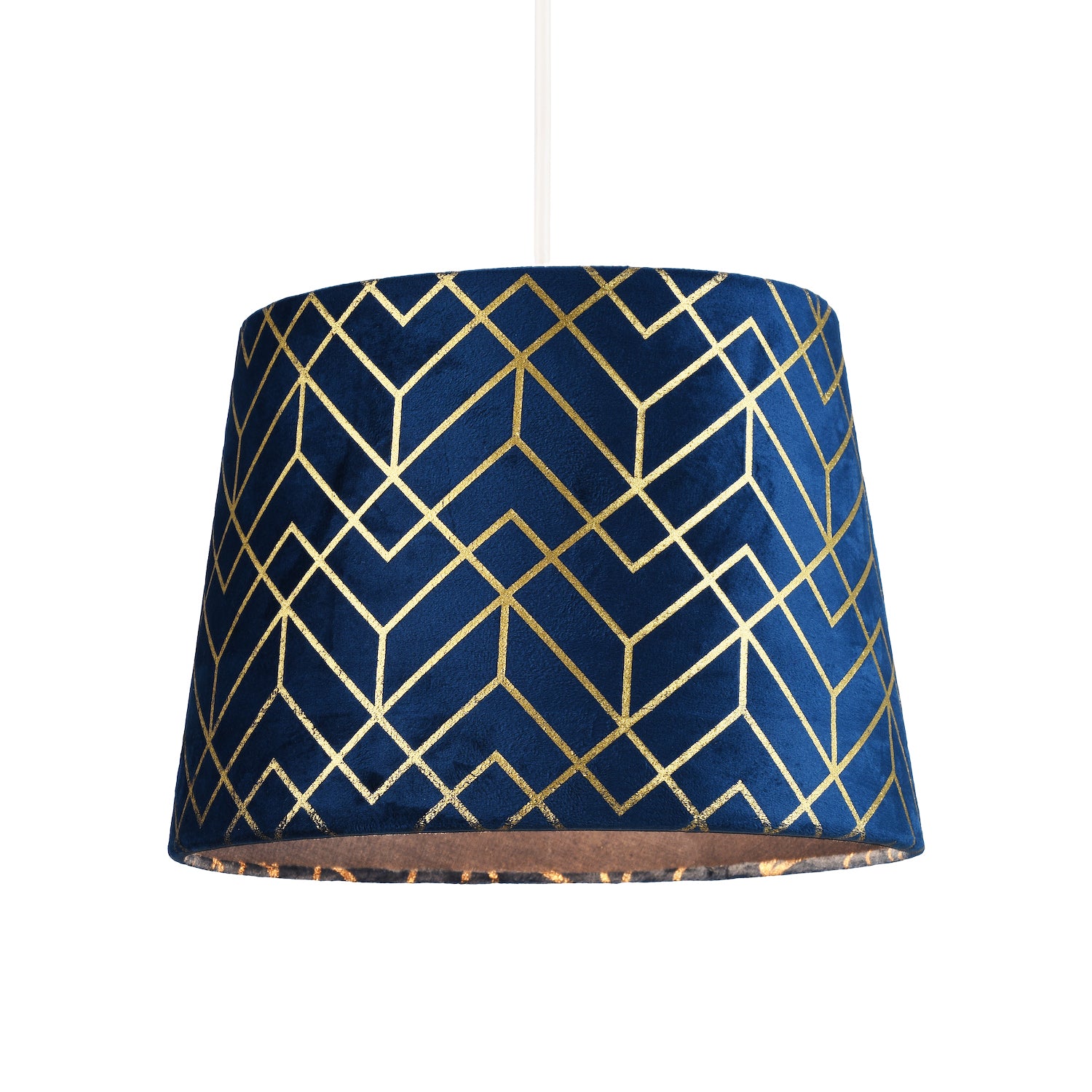 Navy Blue Velvet Lamp Shade with Geometric Design in Metallic Gold Foil Lines Image 2