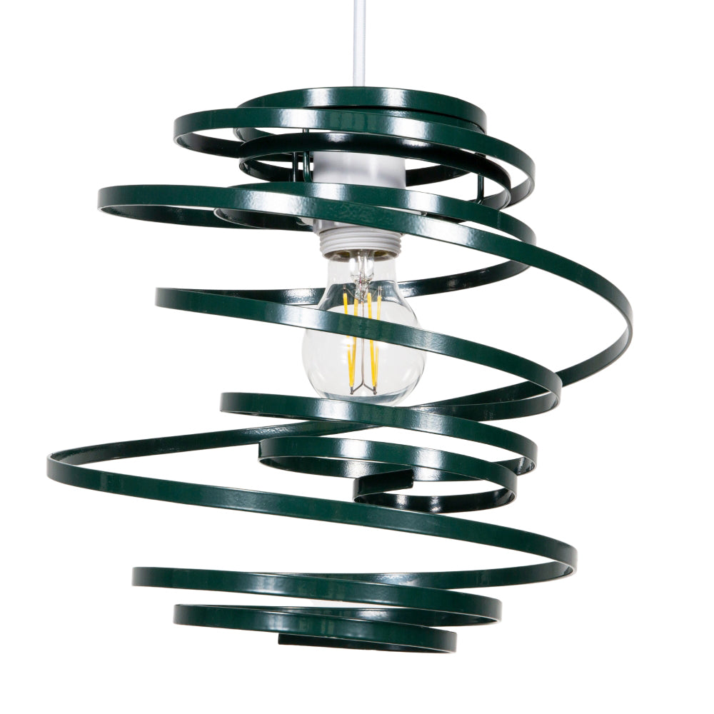 Contemporary Forest Green Gloss Metal Double Ribbon Spiral Swirl Pendant Shade Image 1