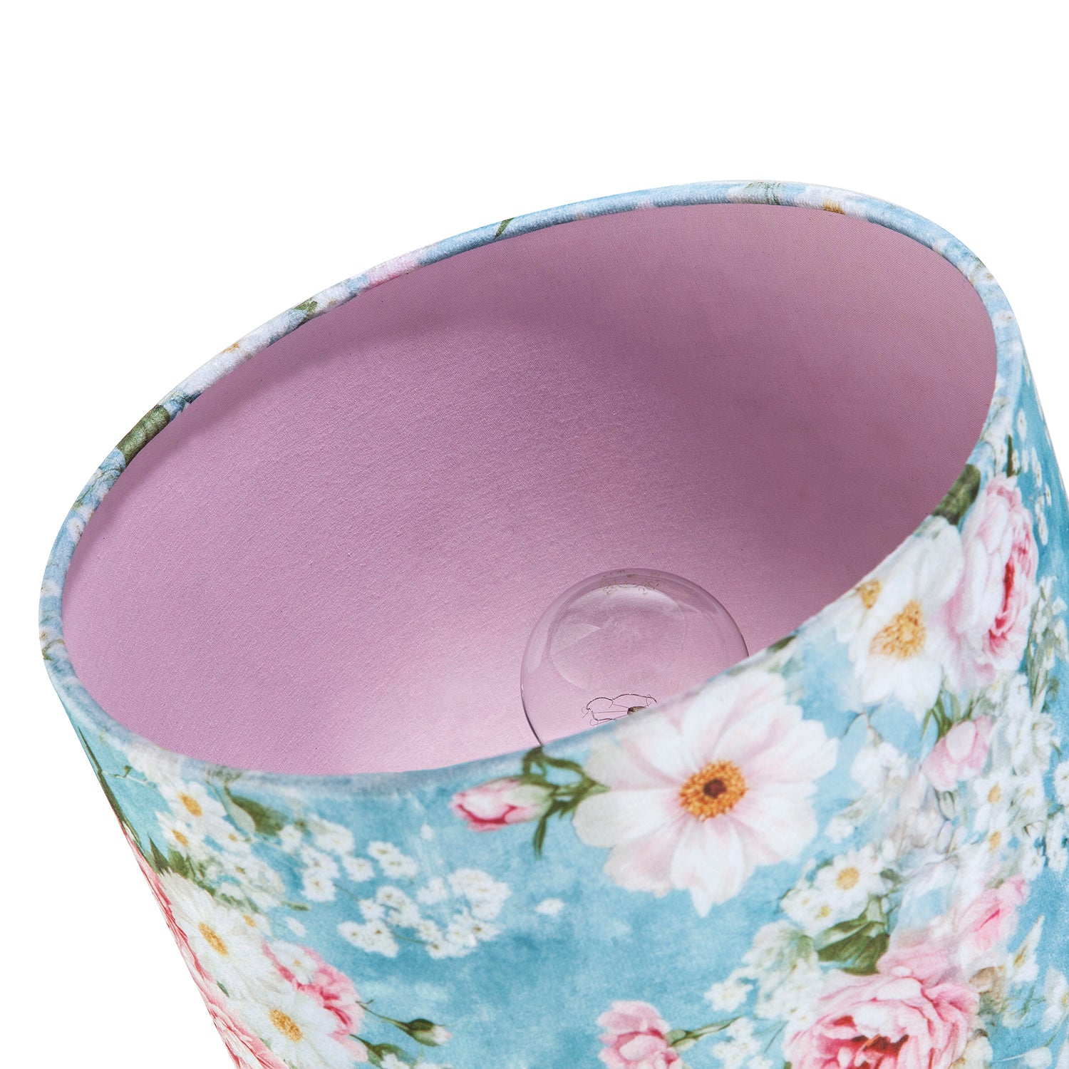 Vintage Chic Sky Blue Velvet Lamp Shade with Pink and White Flowers Image 5