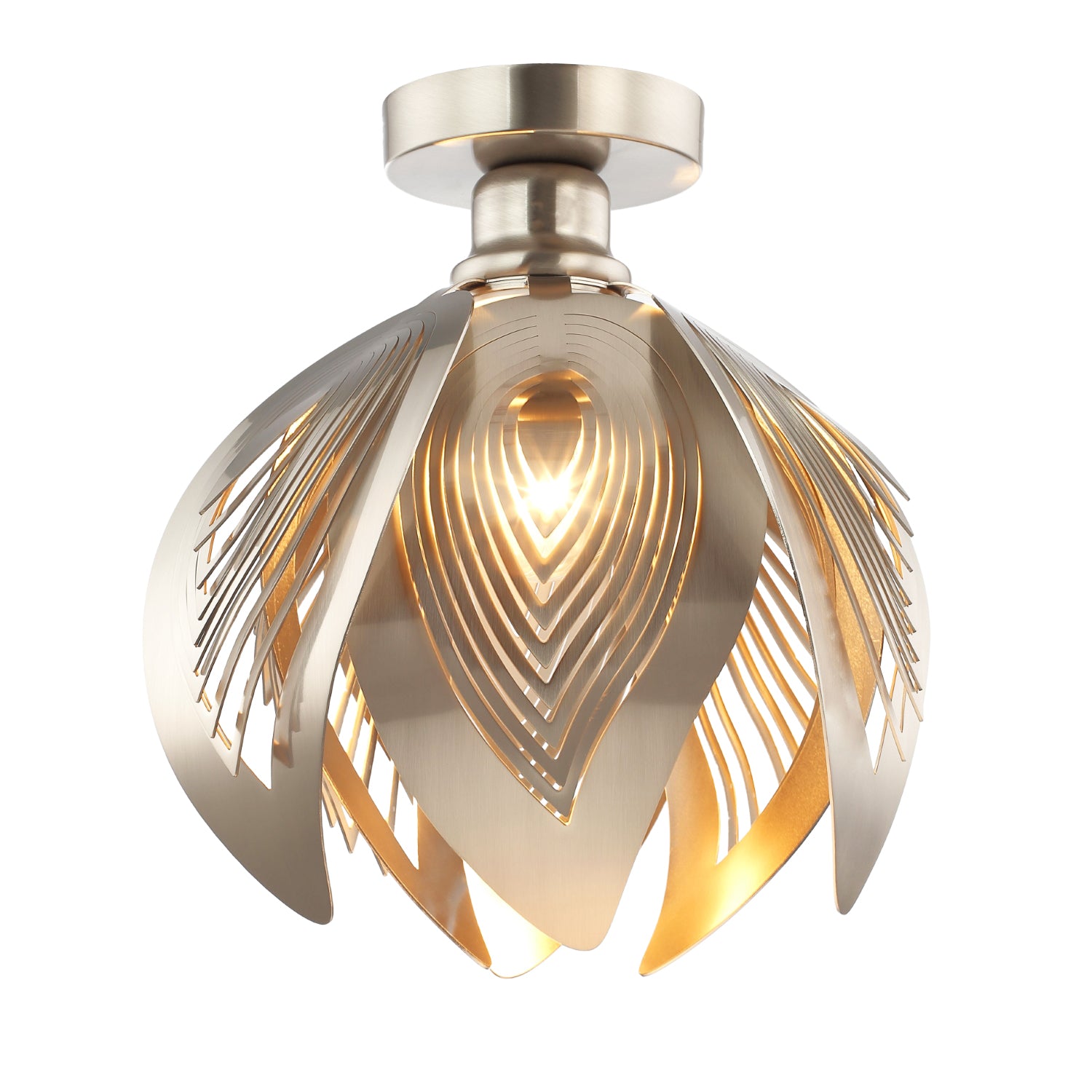 Modern Designer Semi Flush Satin Nickel Ceiling Light Fitting with Large Leaves Image 2