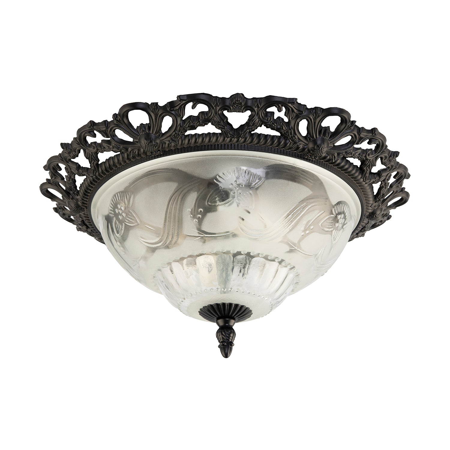 Traditional and Classic Matt Black and Frosted Floral Glass Flush Ceiling Light Image 1