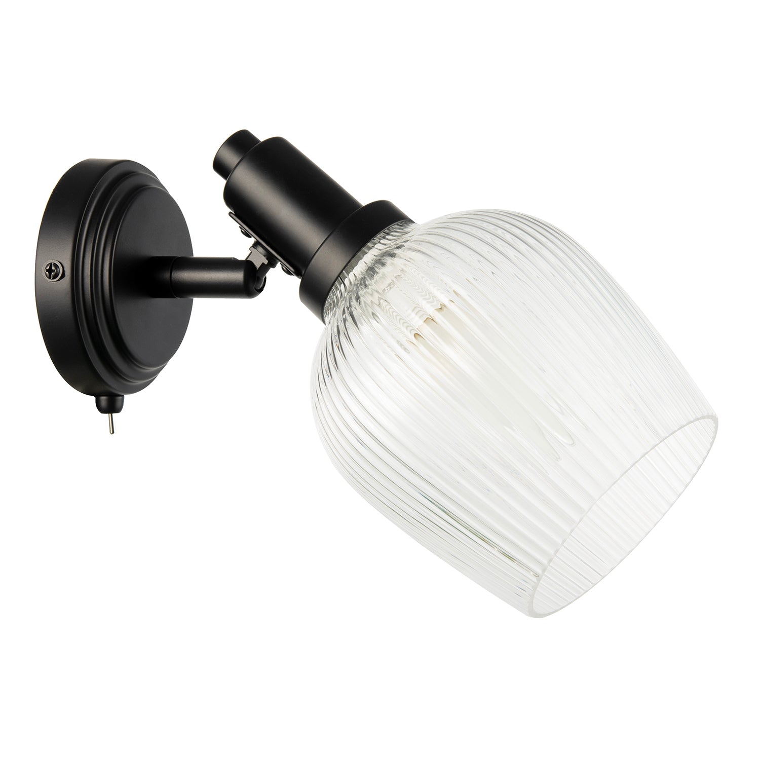 Classy Matte Black Switched Wall Light with Clear Ribbed Glass Shade Image 5