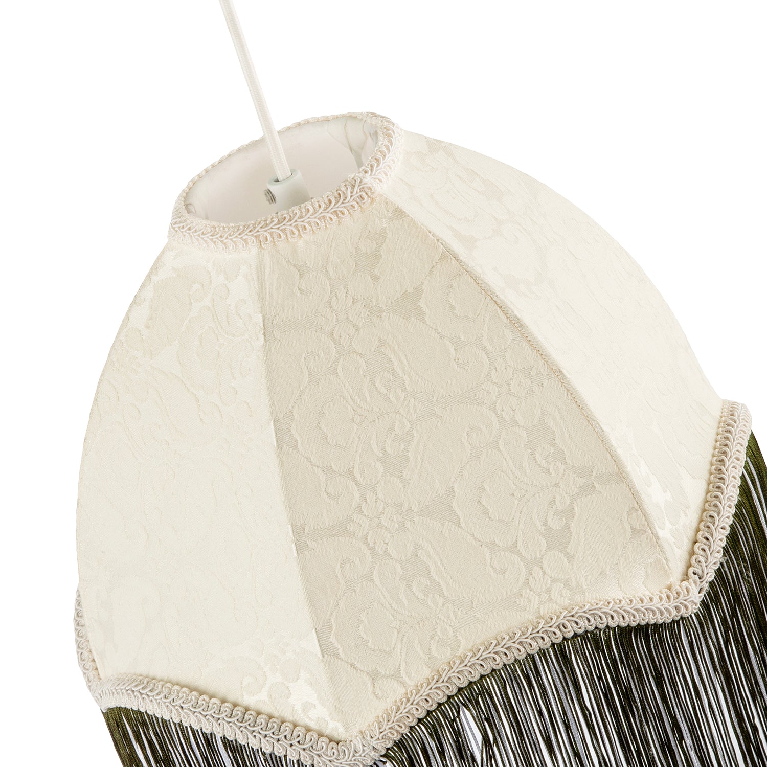 Cream Floral Victorian Velvet Shade with Dark Green and White Tassels Image 3