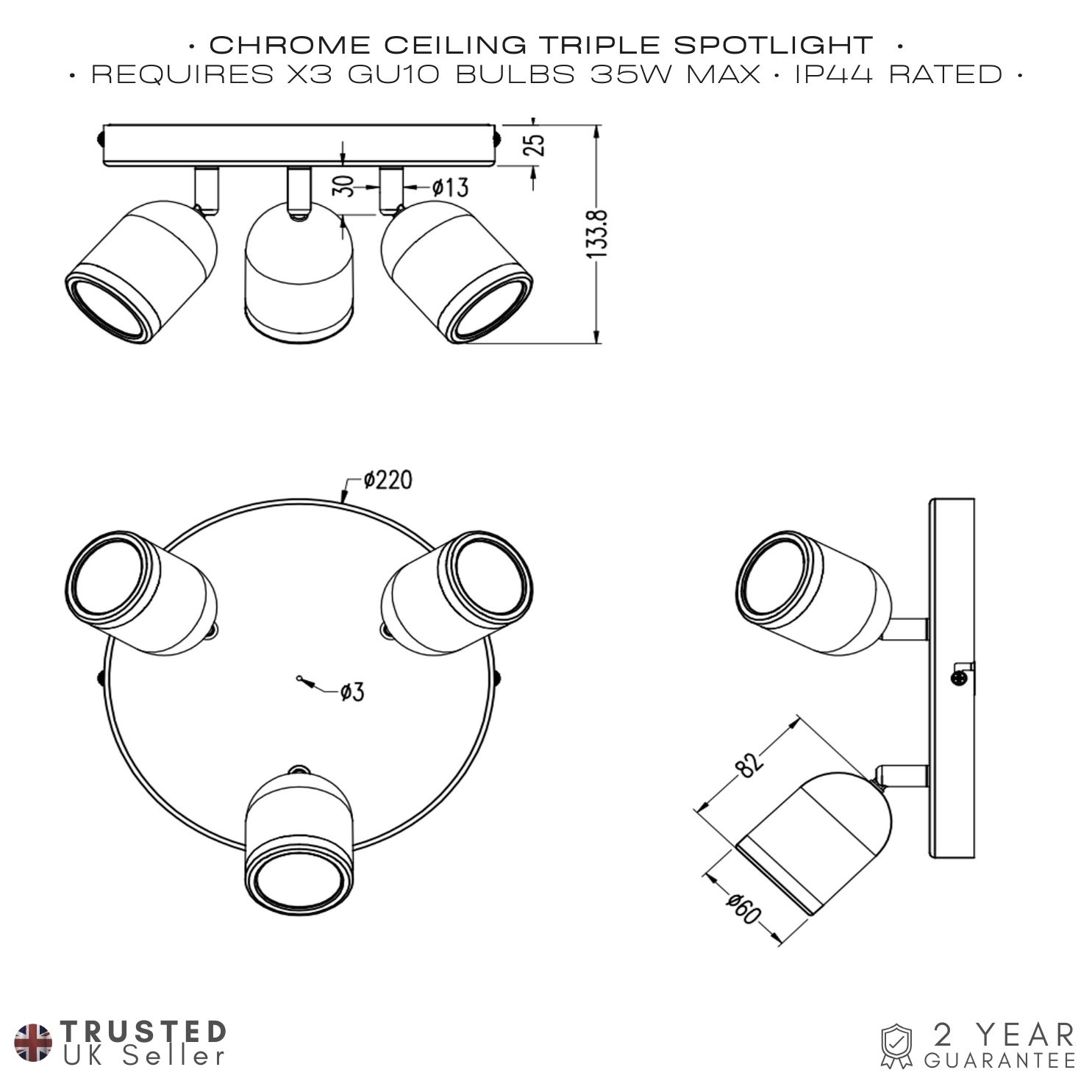 Modern Triple Metal Spot IP44 Bathroom Chrome Ceiling with Adjustable Heads Image 5