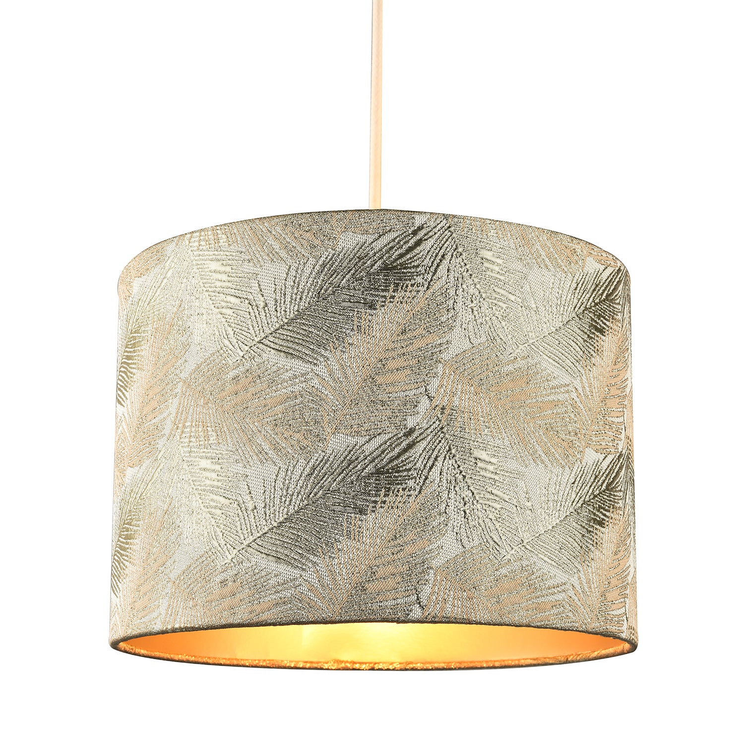 Modern Floral Drum Lamp Shade with Shiny Gold and Silver Fern Leaves Image 2