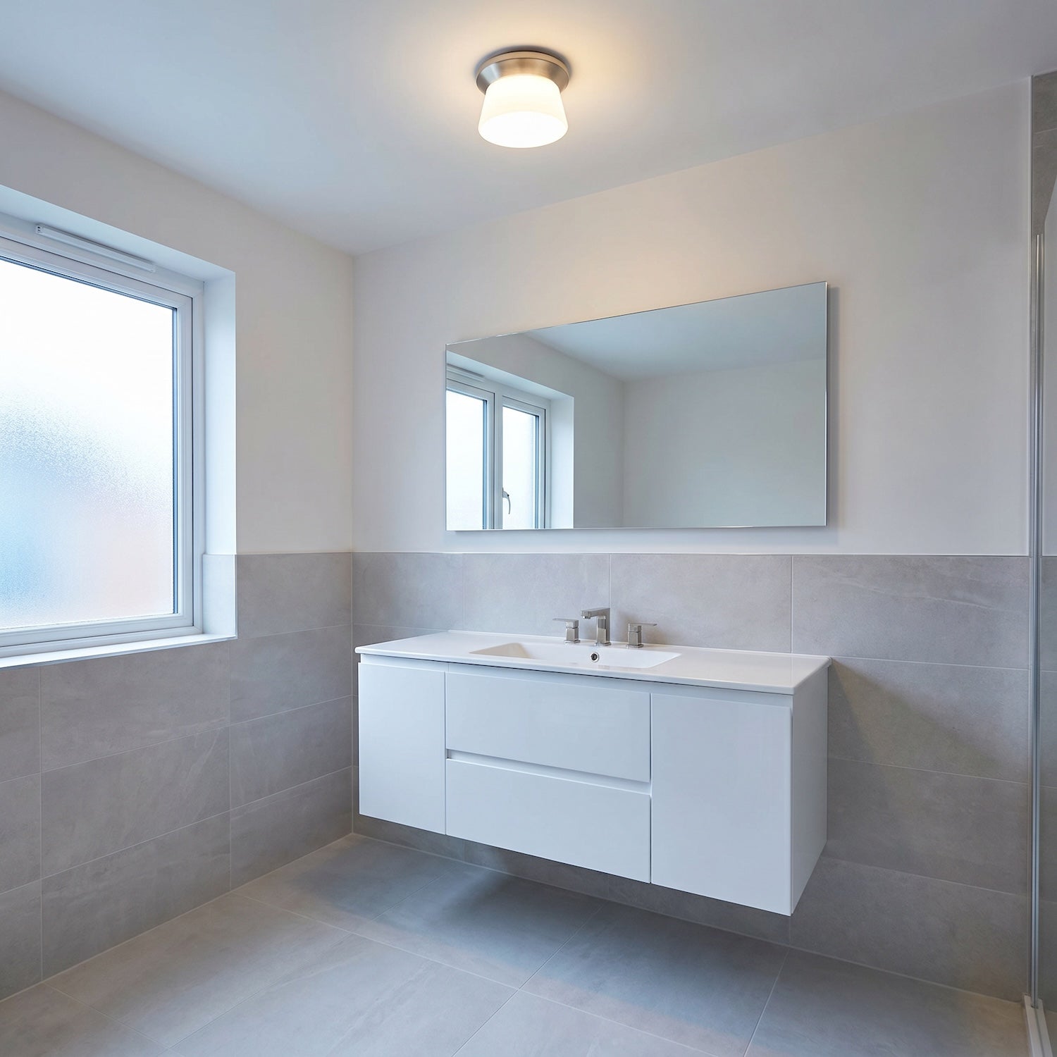 Modern Satin Nickel LED Bathroom Ceiling Light with Opal White Glass Image 6