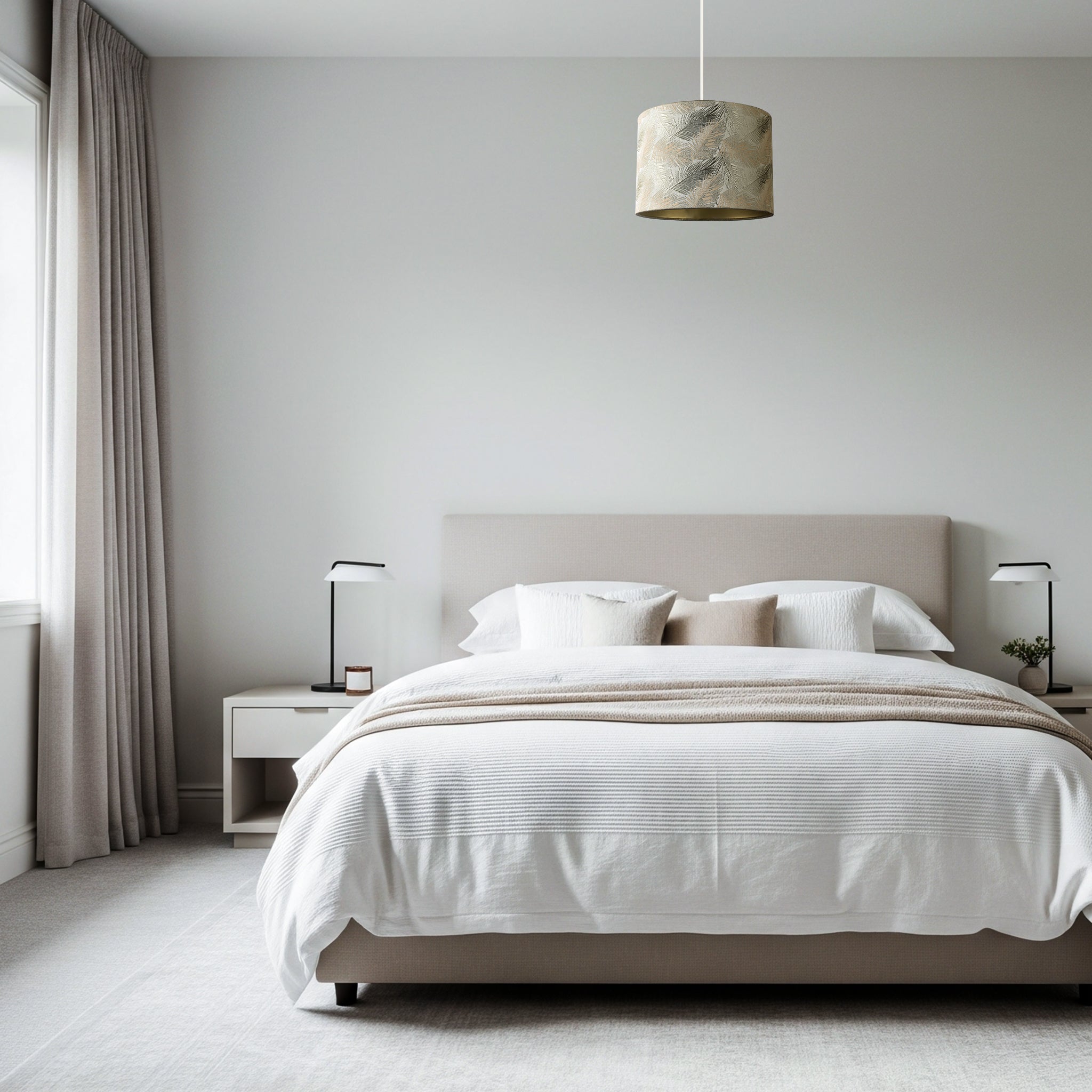 Modern Floral Drum Lamp Shade with Shiny Gold and Silver Fern Leaves Image 6