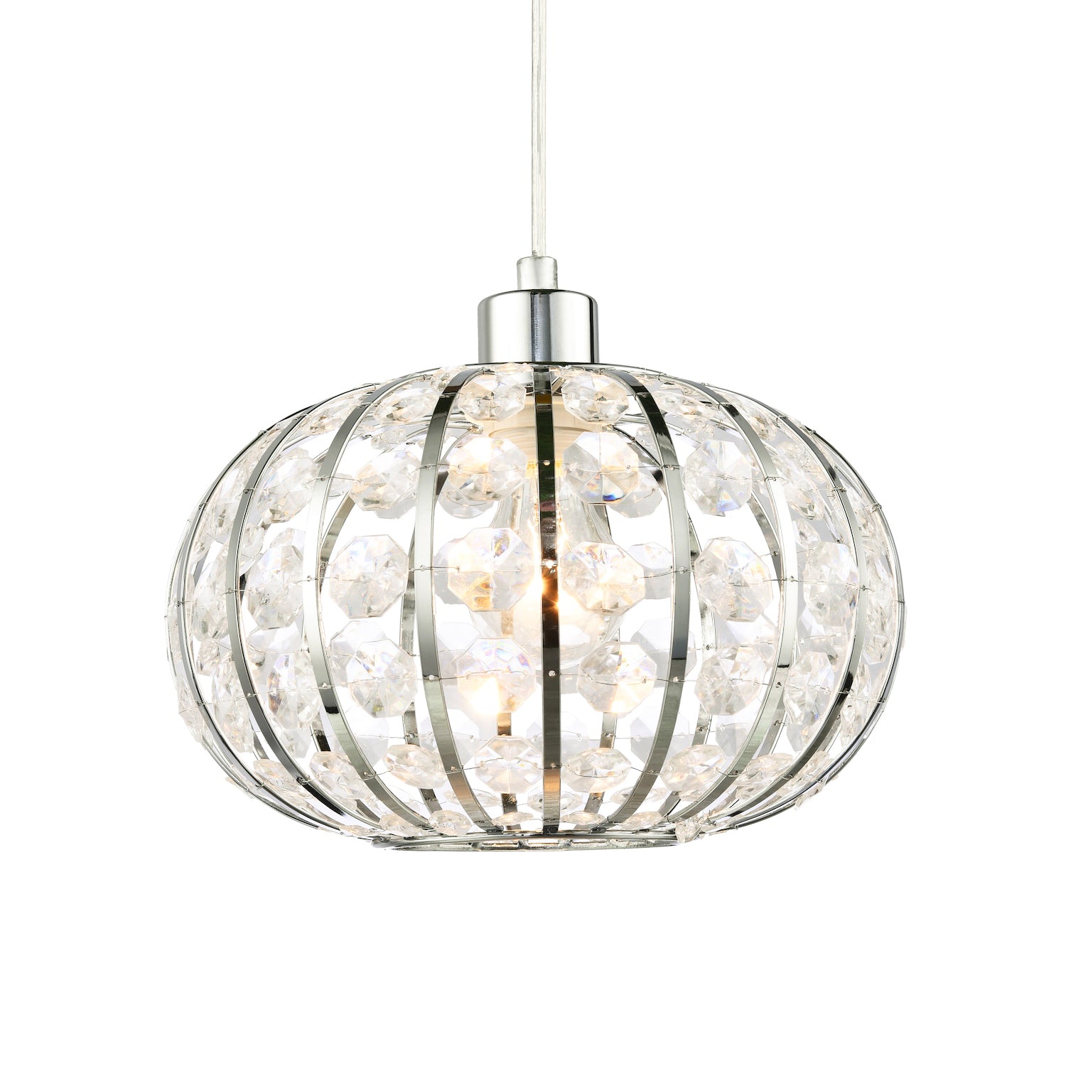 Modern Chrome Plated Basket Cage Style Pendant Shade with Clear Acrylic Beads Image 1