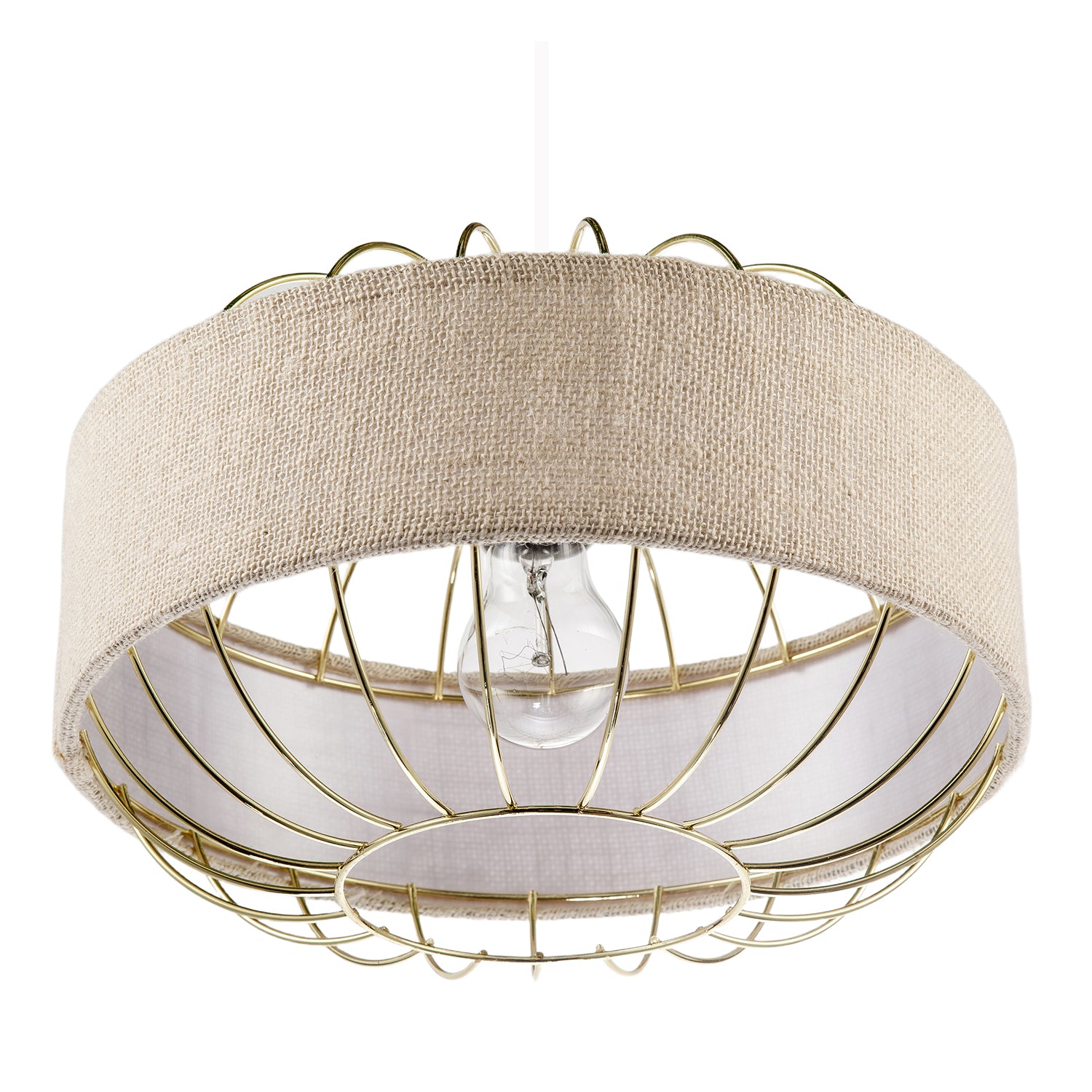 Unique Pendant Shade with Gold Metal Wire Frame and Linen Fabric Band Image 4