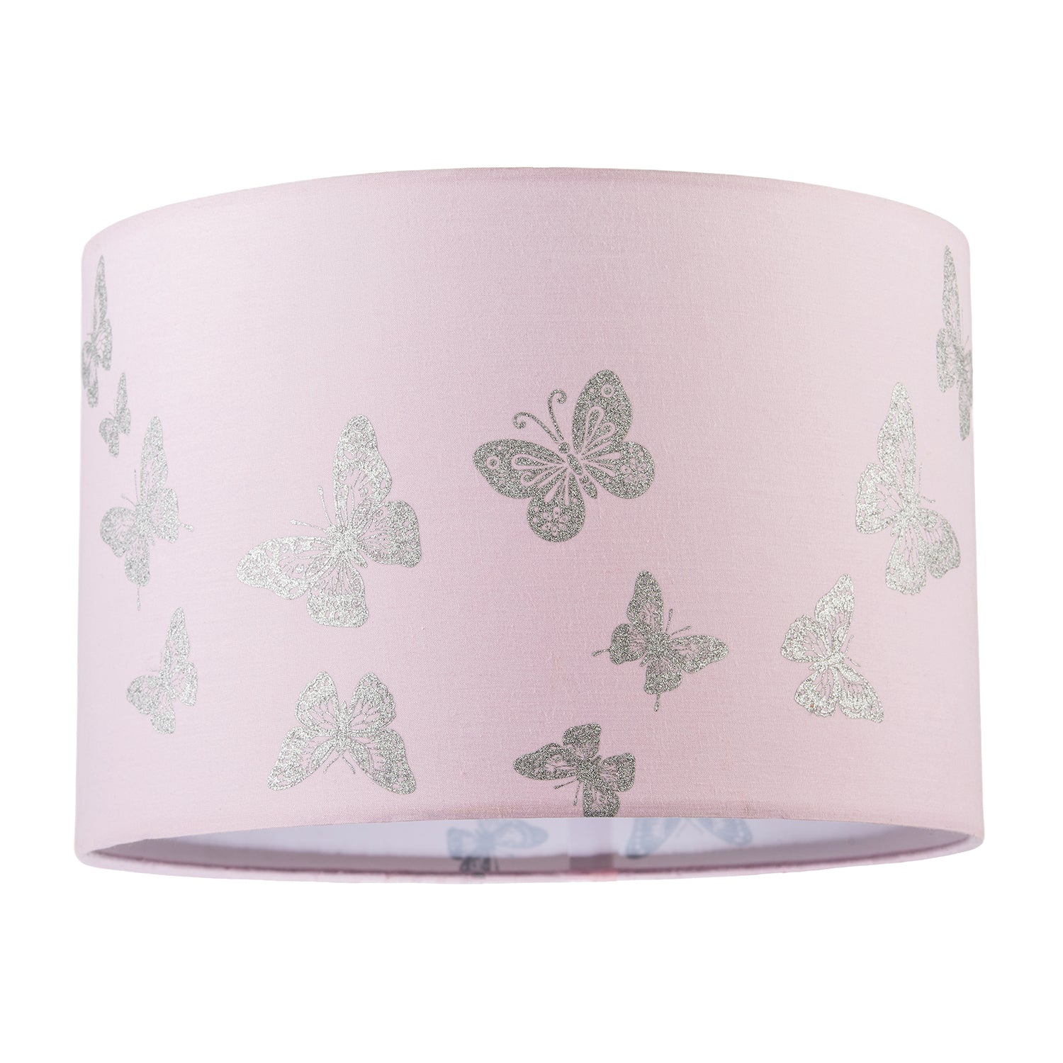 Modern Feminine Soft Pink Lamp Shade with Silver Glitter Butterflies Image 1