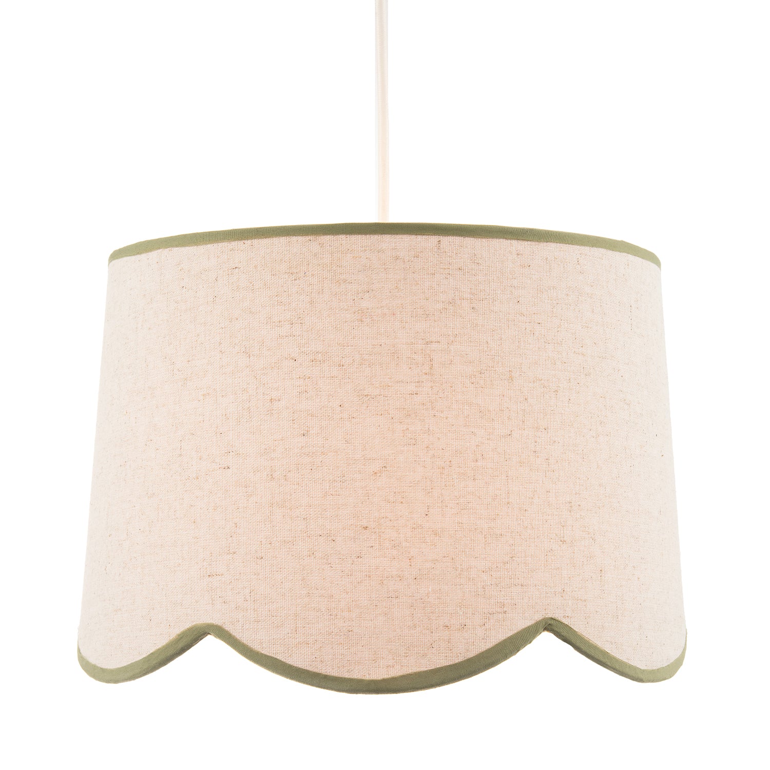 Natural Oatmeal Textured Linen Scallop Lamp Shade with Olive Trims Image 3