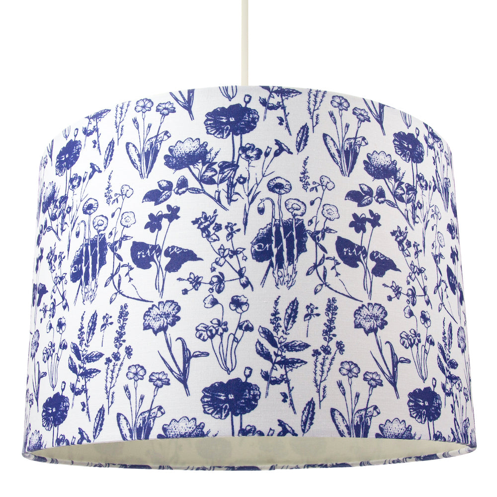 White Cotton 12" Drum Lamp Shade with Blue Floral Decoration and Inner Lining Image 2