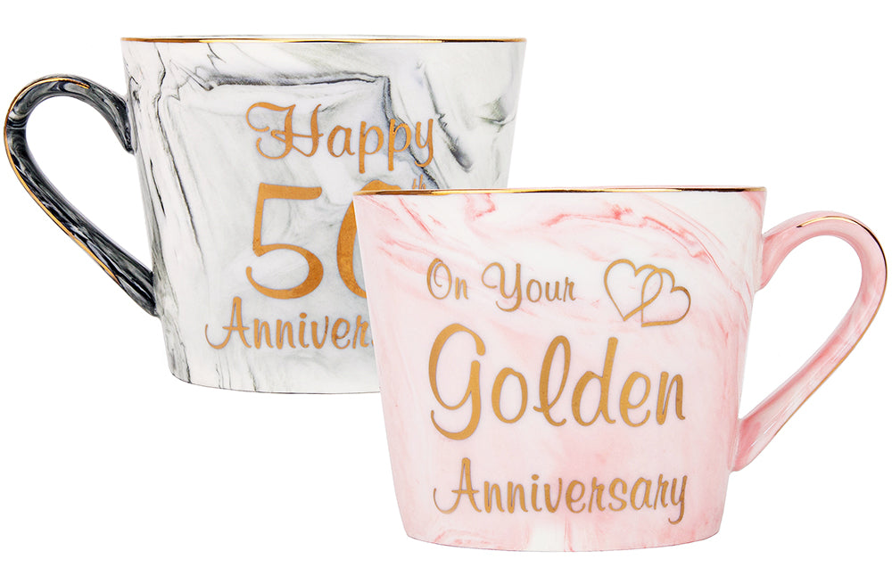 Beautiful 50th Anniversary Grey and Pink Marble Ceramic Mugs with Golden Trim Image 4