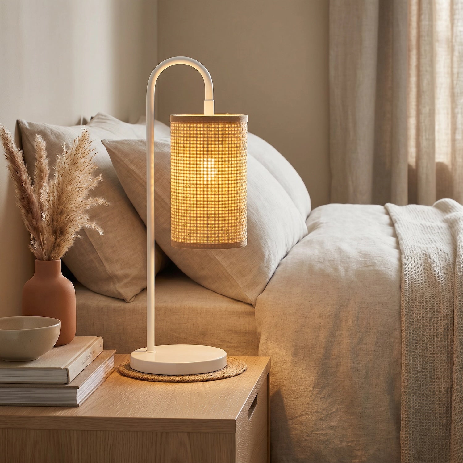 Vintage Classic White Gloss Table Lamp with Tubular Woven Rattan Shade Image 6