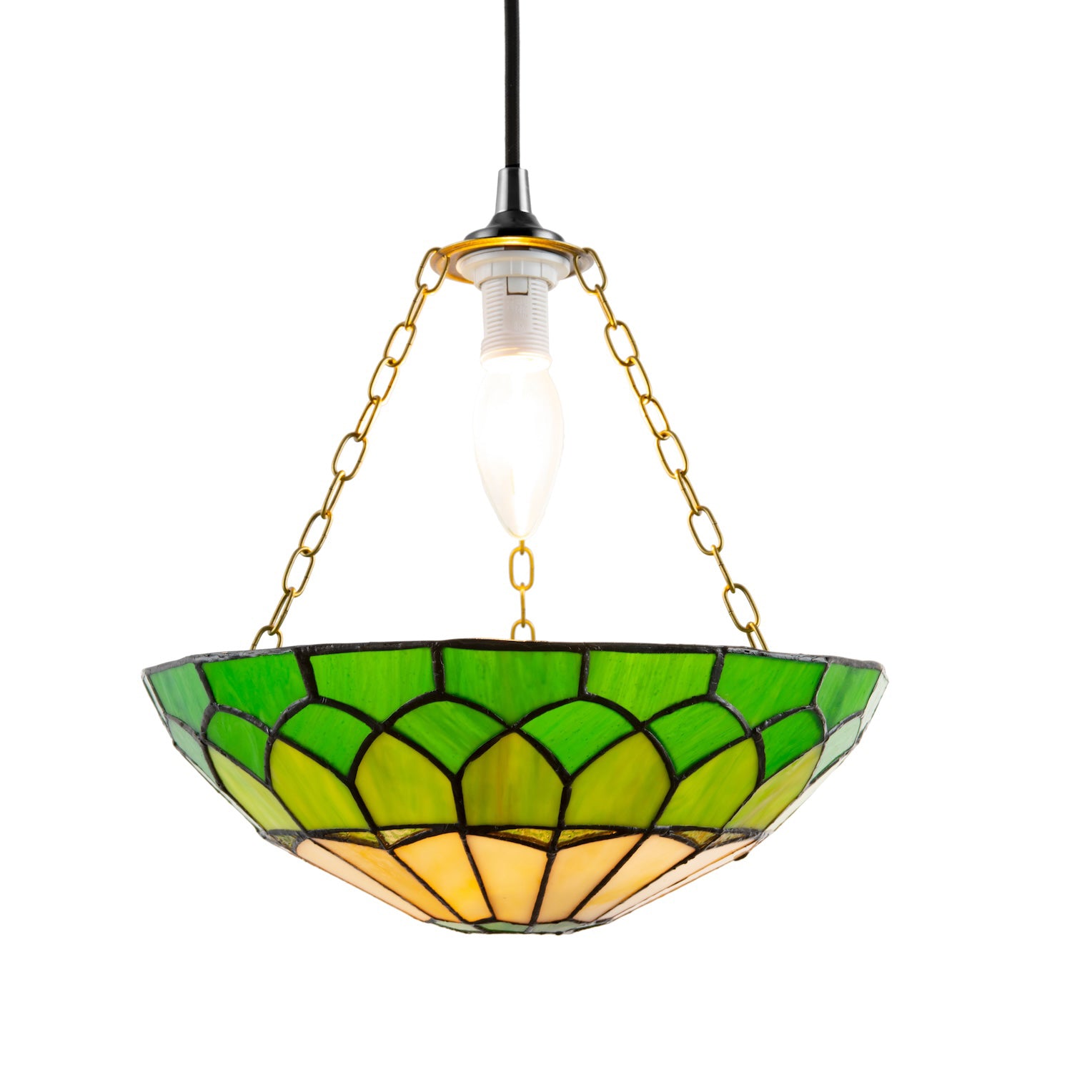 Amber and Green Stained Glass Domed Tiffany Pendant Lamp Shade with Chain Image 2