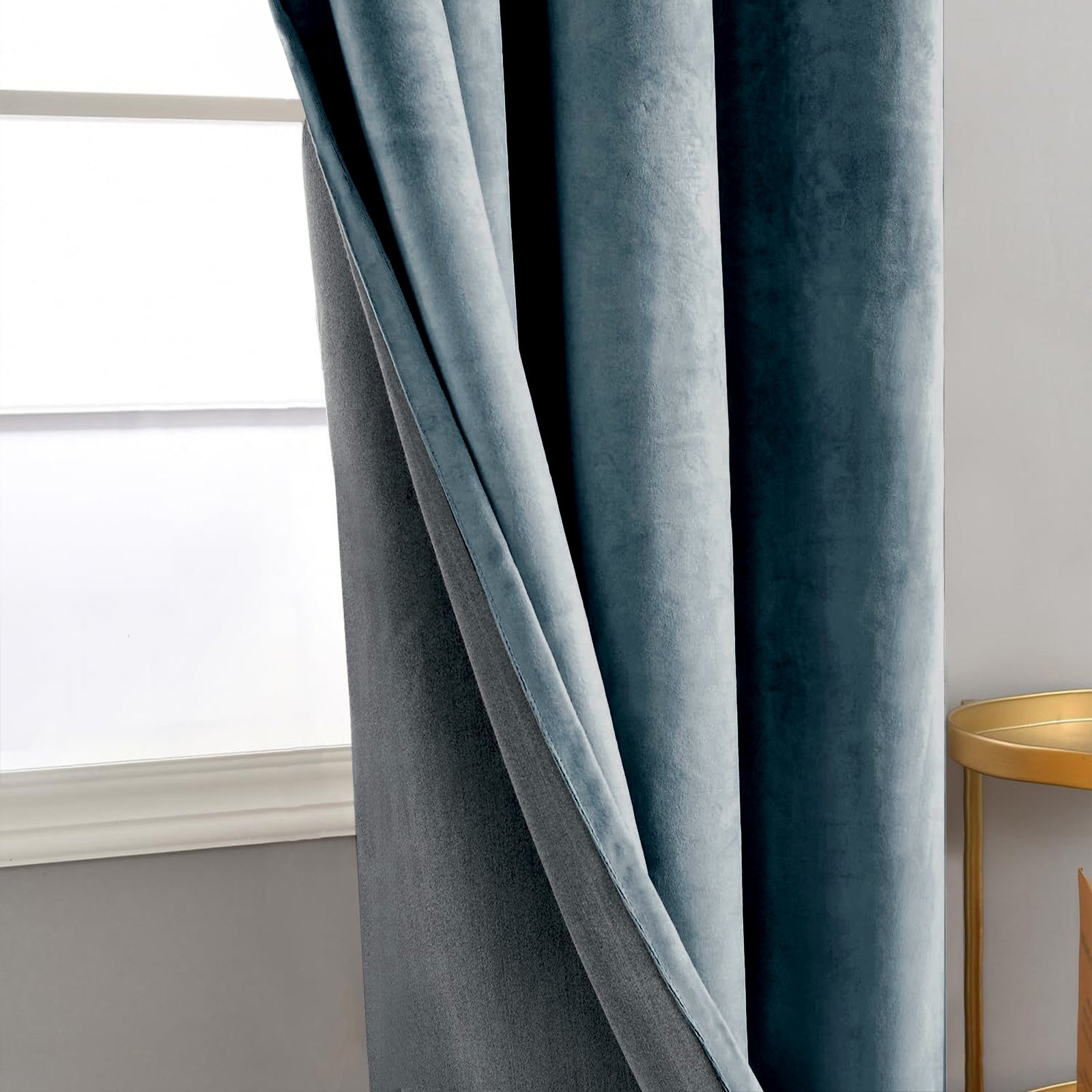 Dusty Blue Velvet Blackout Eyelet Curtains - 46x63 Inch Drop - 2 Panel Image 3