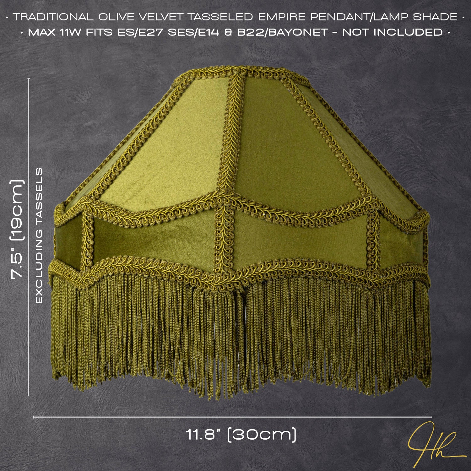 Traditional Victorian Empire Lamp Shade in Olive Green Velvet with Long Tassels Image 7