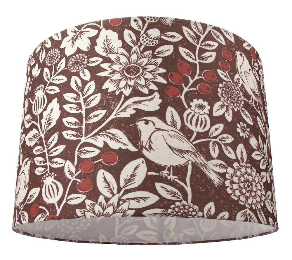 Autumnal Themed Burgundy 12" Lamp Shade with Floral Decoration and Sitting Birds Image 1