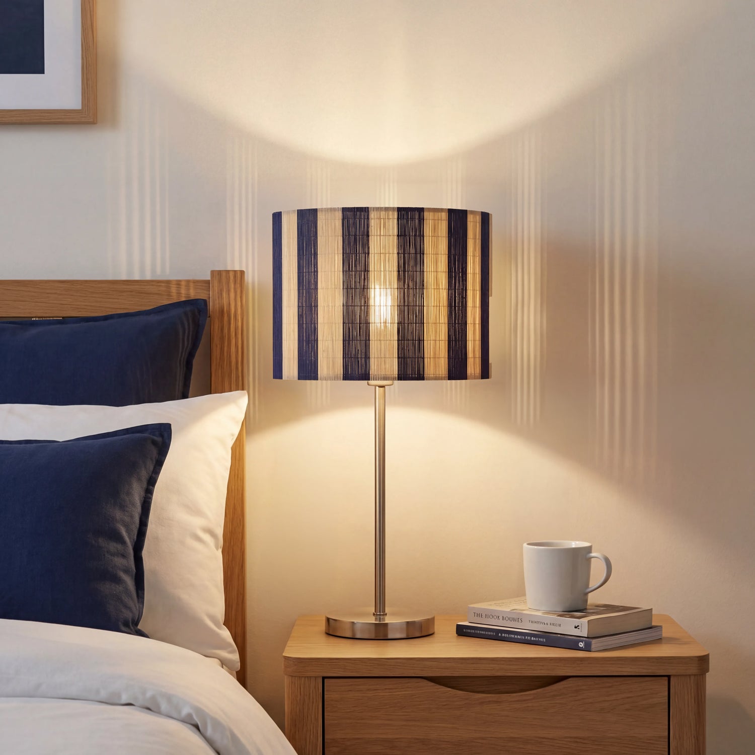 Chic Natural Brown Bamboo Lamp Shade with Navy Midnight Blue Stripes Image 6