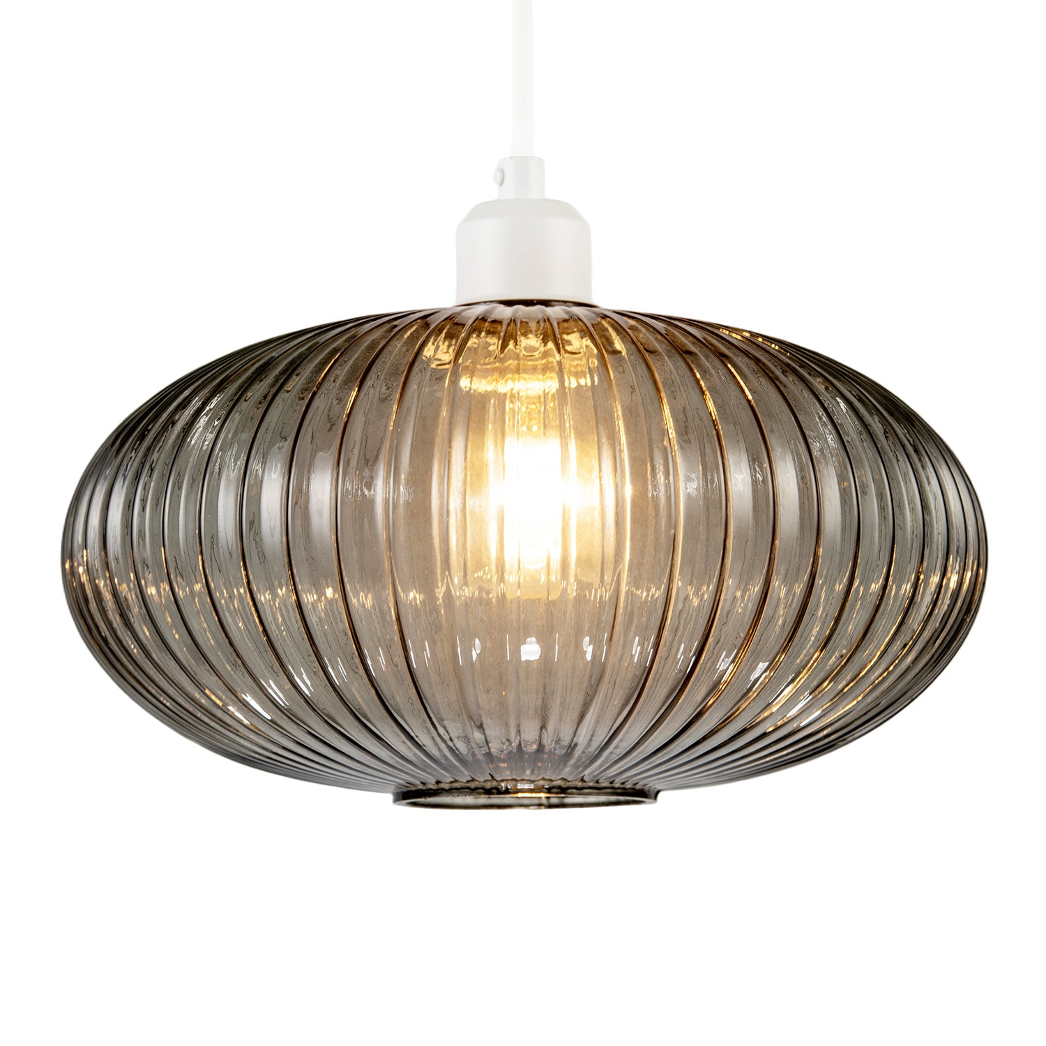 Modern Designer Smoked Grey Line Ribbed Glass Oval Pendant Lamp Shade Image 2