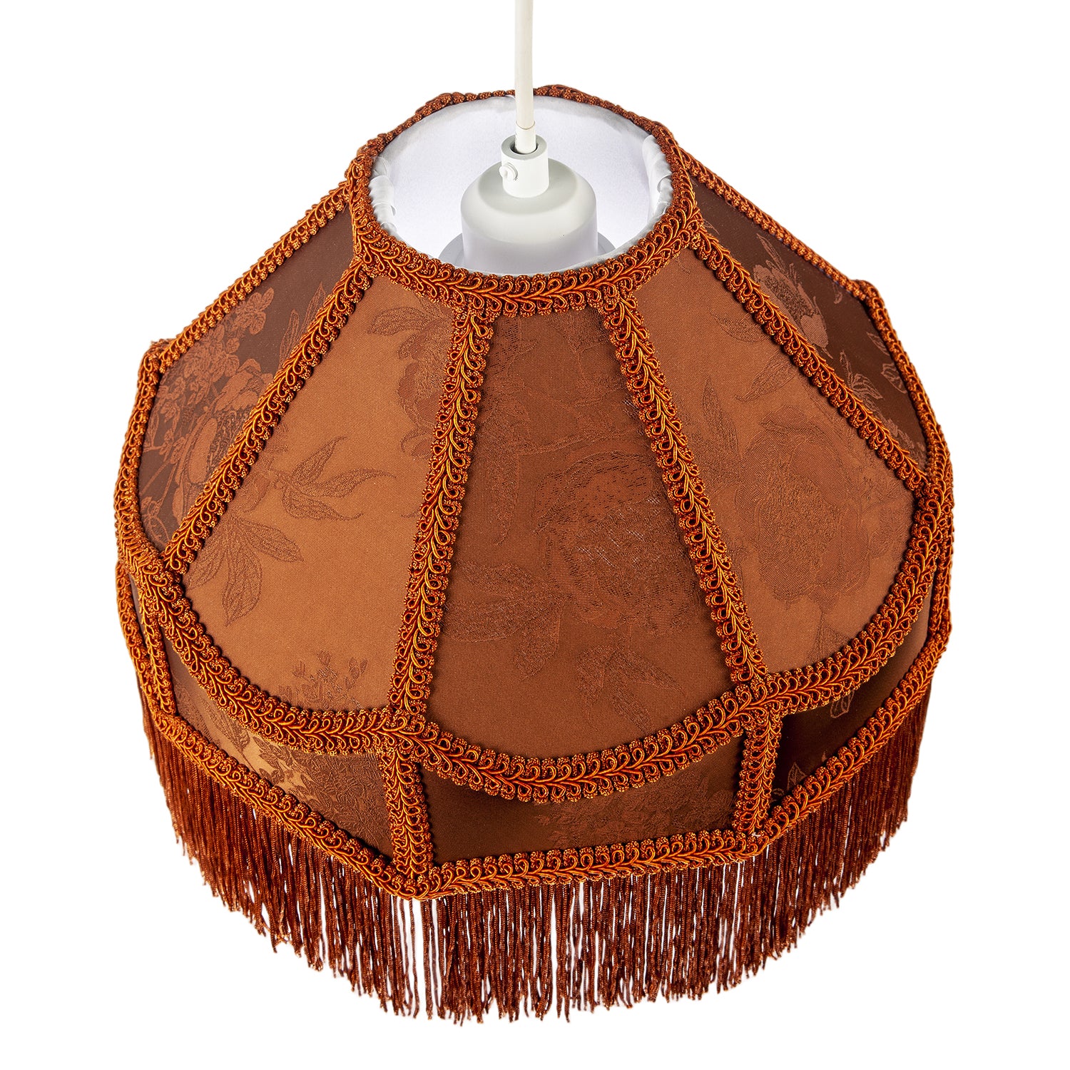 Brown Faux Silk Victorian Lampshade with Floral Decor and Long Tassels Image 3