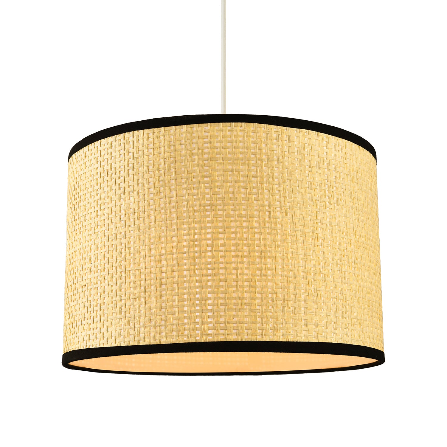 Thin Strapped Rattan Drum Lamp Shade with Black Cotton Fabric Trims Image 2