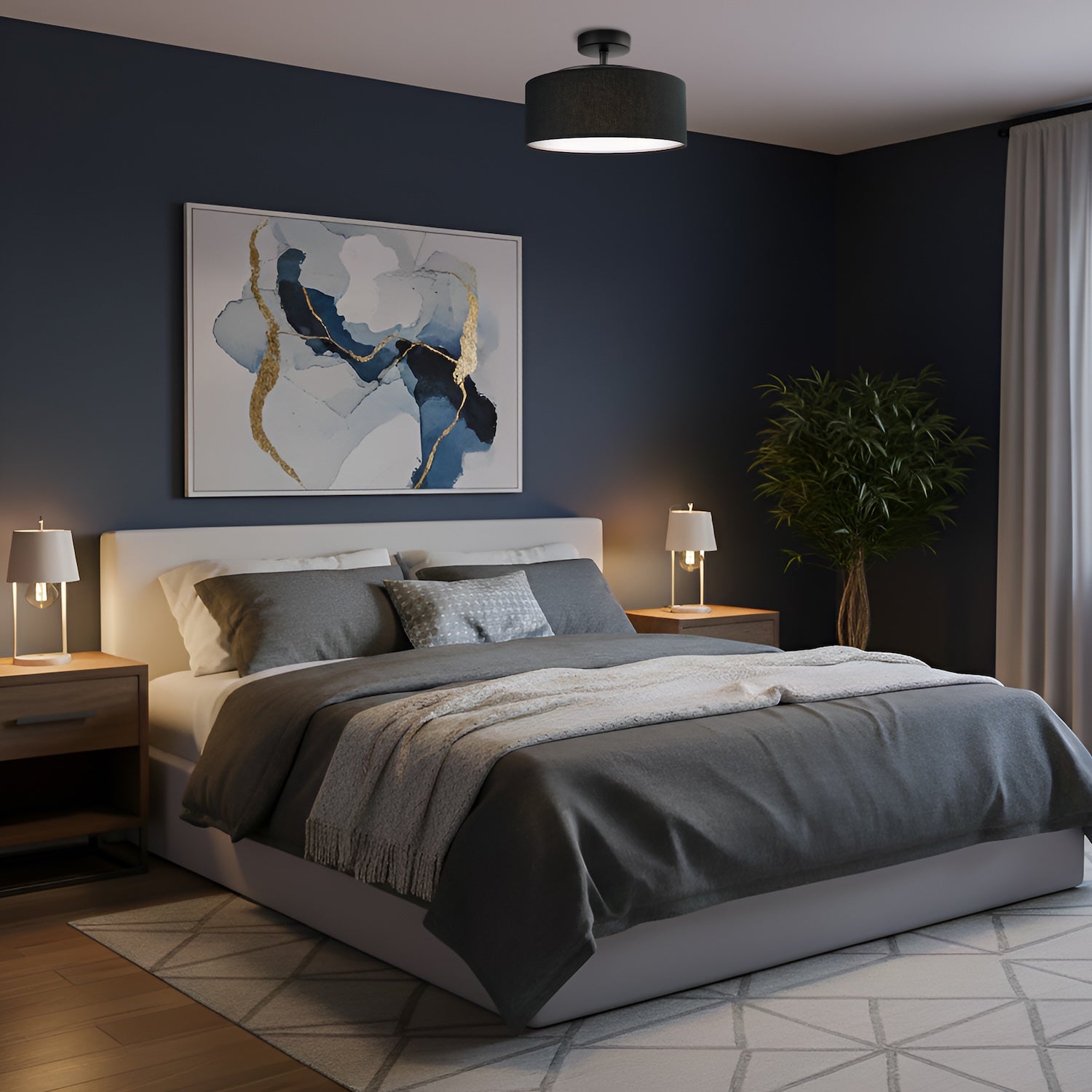 Contemporary Black Linen Fabric Semi Flush Ceiling Light Fixture Image 6