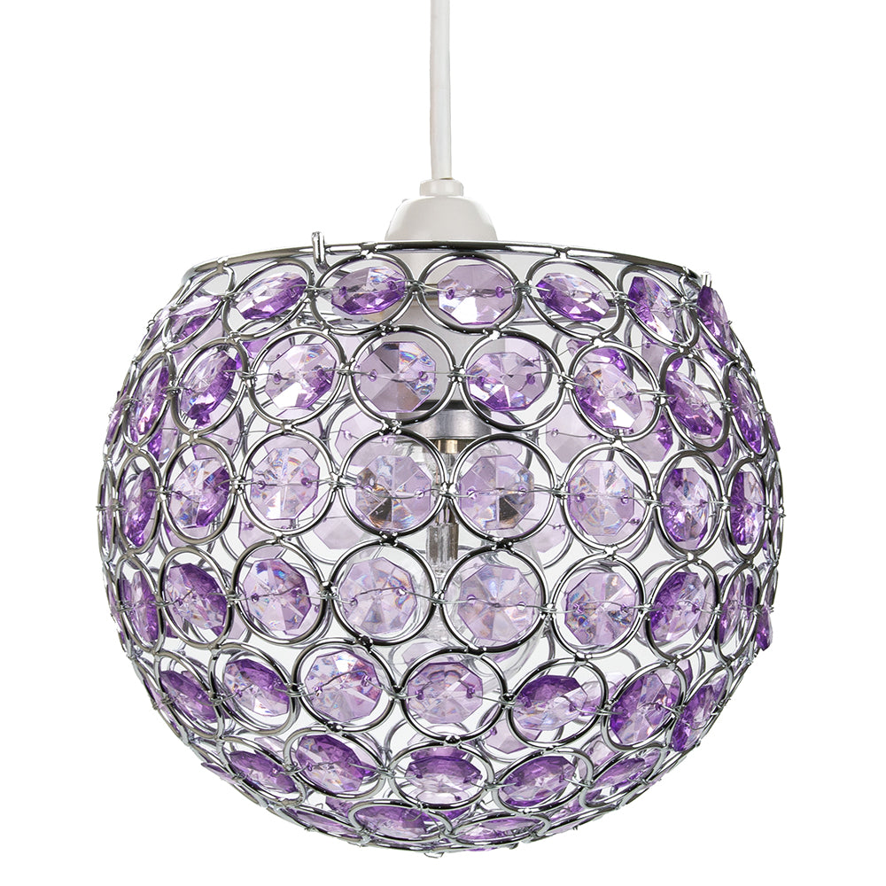 Modern Round Globe Easy Fit Pendant Shade with Small Purple Acrylic Bead Jewels Image 1