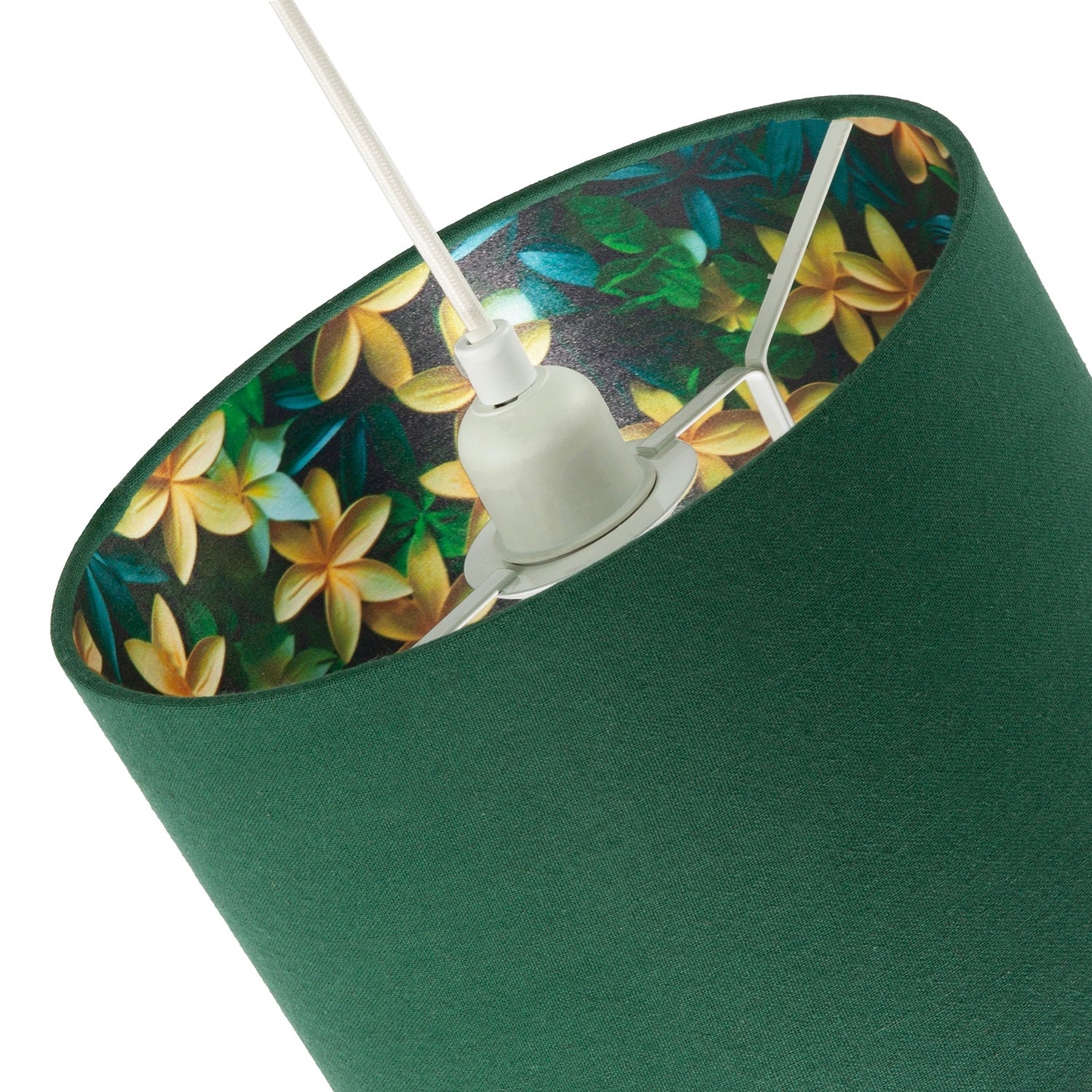 Yellow and Green Flowers Round Lamp Shade in Forest Green Linen Fabric Image 4