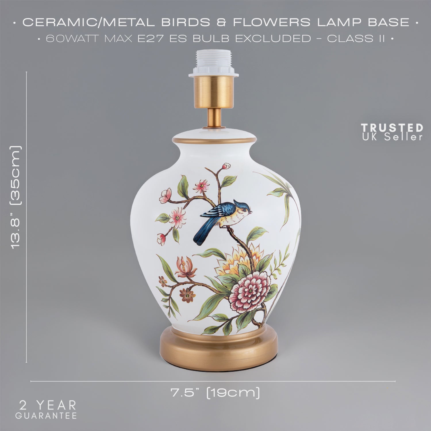 Traditional Ceramic Lamp Base in White Gloss with Coloured Birds and Flowers Image 7