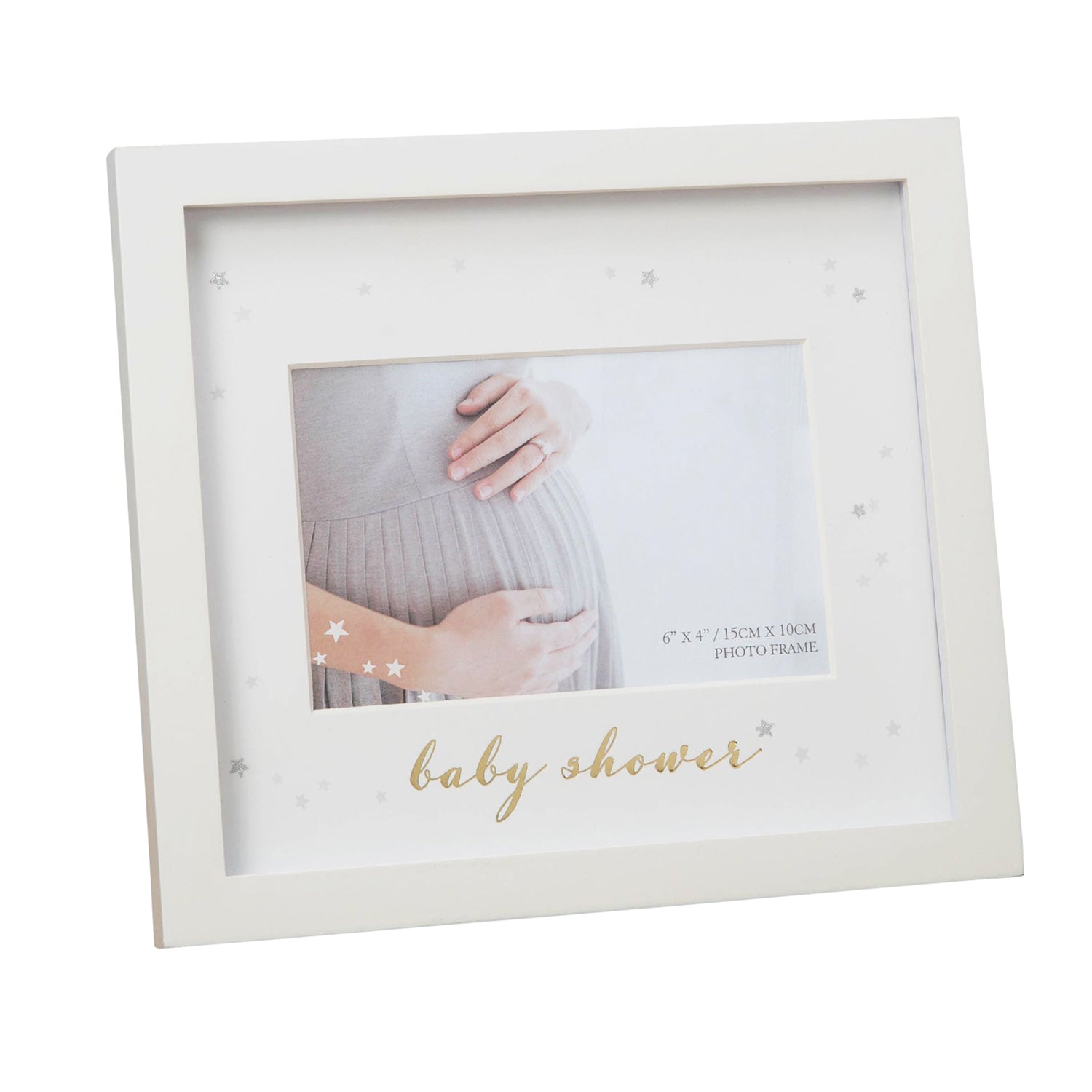 Ivory White Baby Shower Picture Frame with Silver Foil Stars and Gold Lettering Image 1