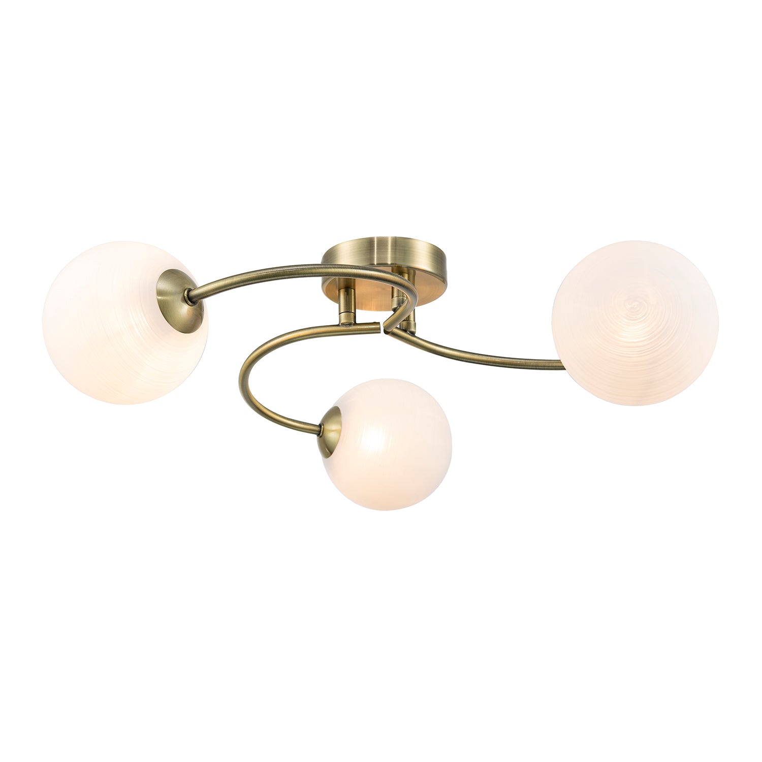 Modern 3-Arm Antique Brass Ceiling Light with Opal Swirl Glass Spherical Shades Image 2