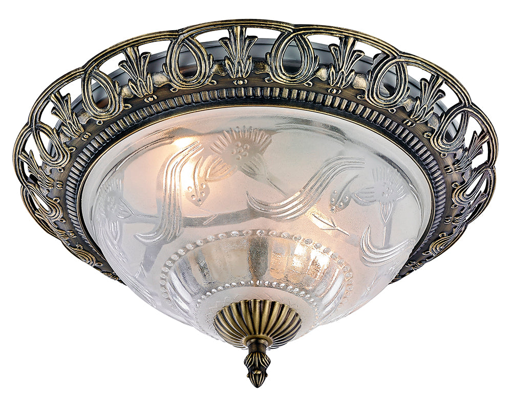 Traditional and Classic Antique Brass and Floral Glass Flush Ceiling Light Image 2