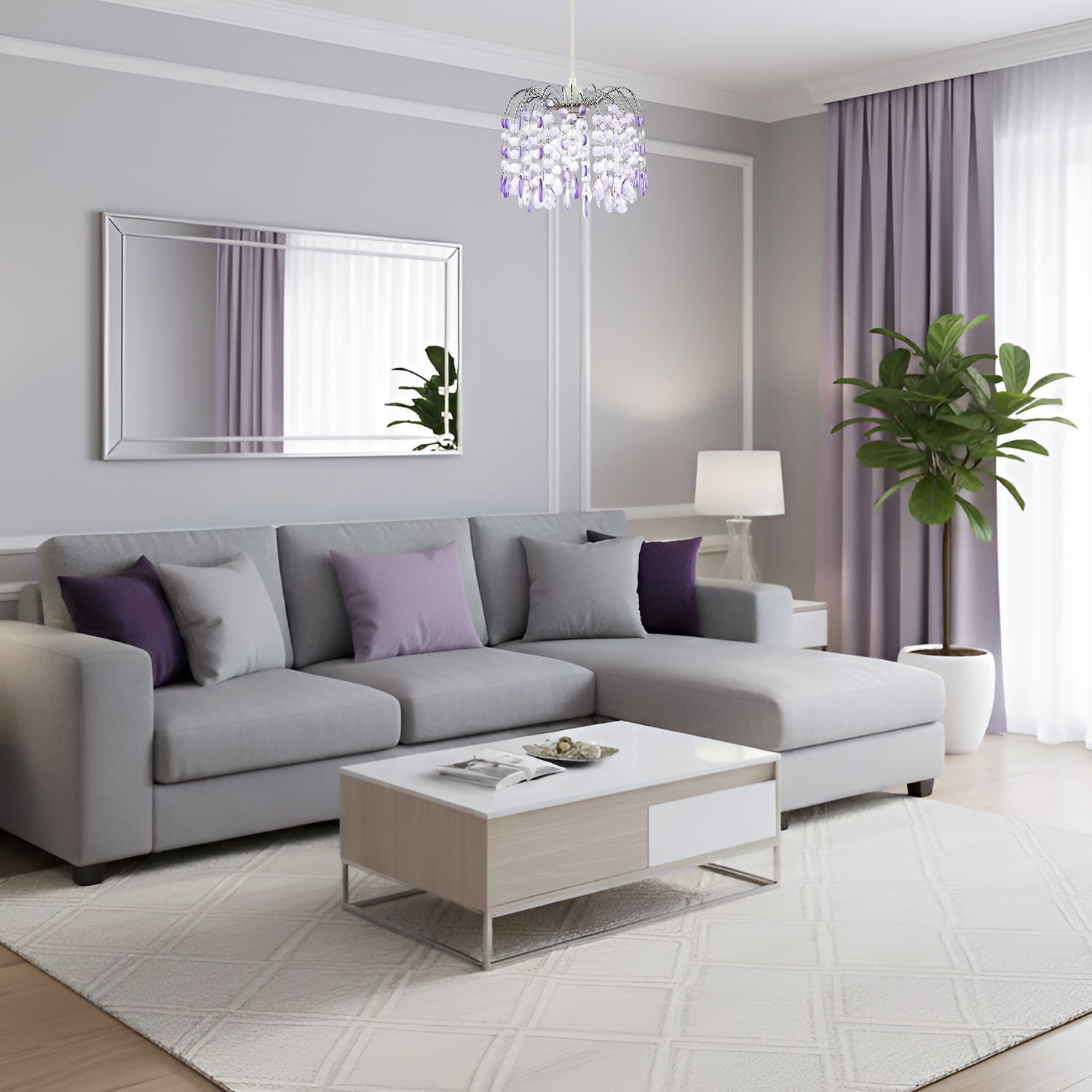 Modern Waterfall Pendant Shade with Lilac and Clear Acrylic Drops Image 6