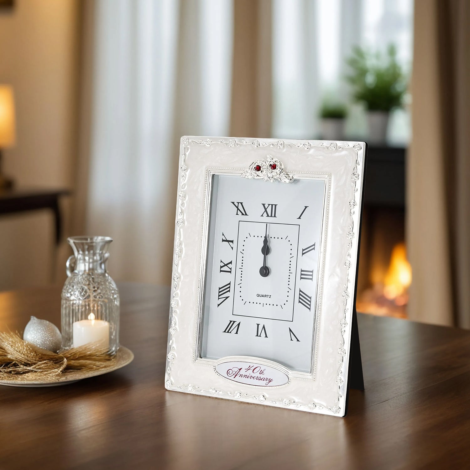 40th Anniversary Clock with Silver Plated Roses and Red Diamantes Image 5