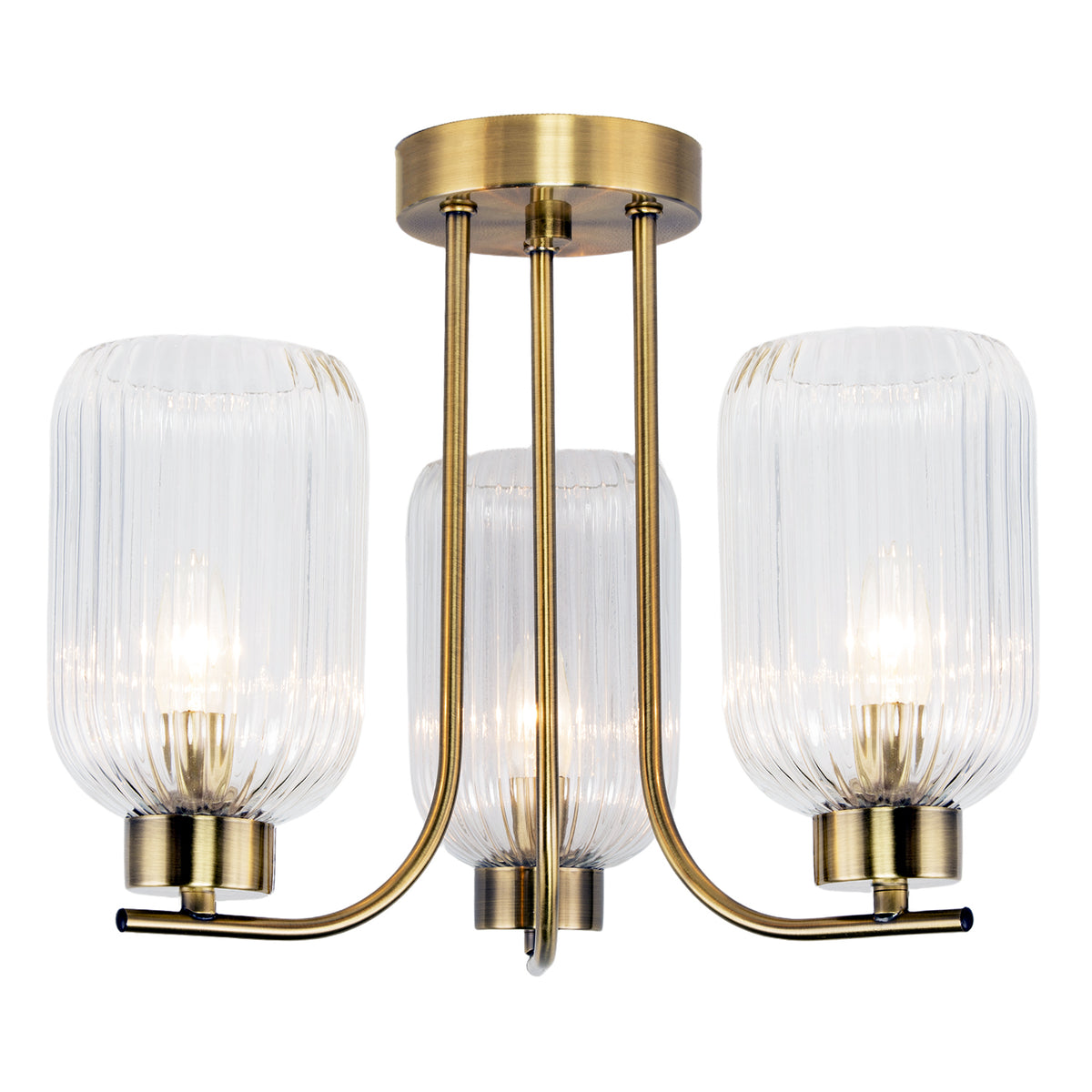 Elegant Ceiling Fitting in Antique Brass with Ribbed Glass Shades Image 2