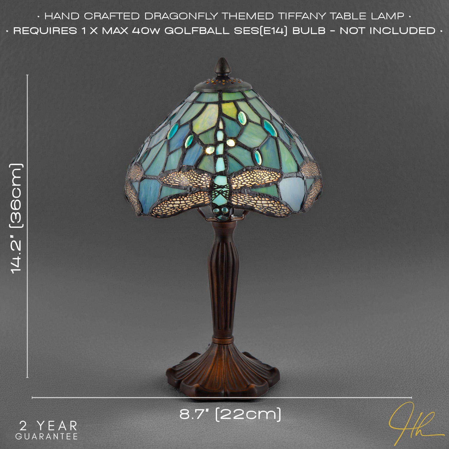 Handmade Emerald Green Stained Glass 8 Inch Tiffany Lamp with Dragonfly Design Image 6