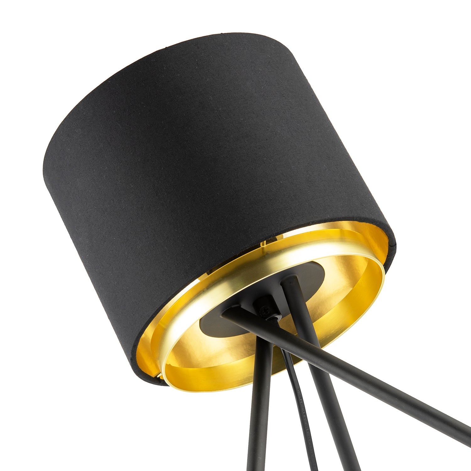 Black Tripod Table Lamp with Gold Metal Ring and Cotton Drum Shade Image 4