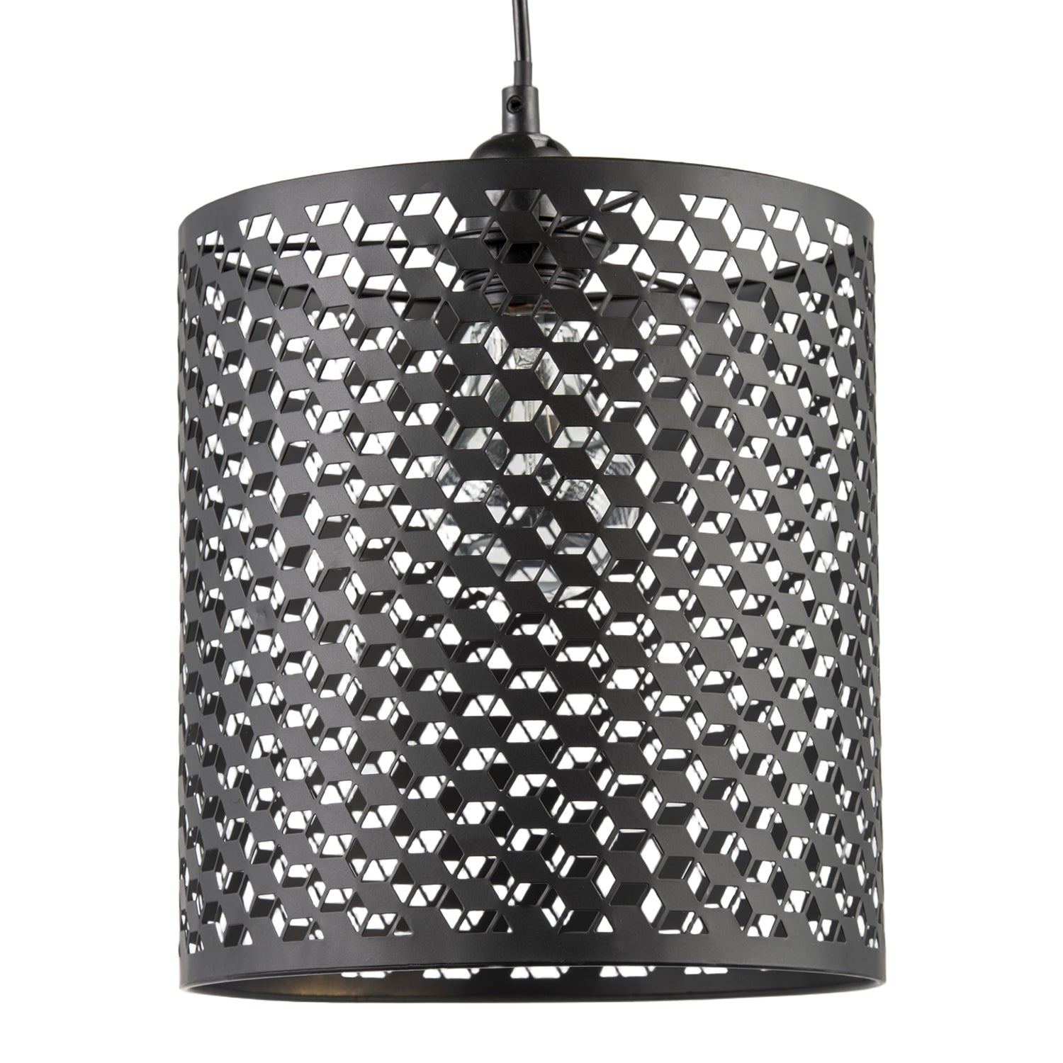 Modern Cylindrical Pendant Light Shade with Repeating Cube Design Image 1