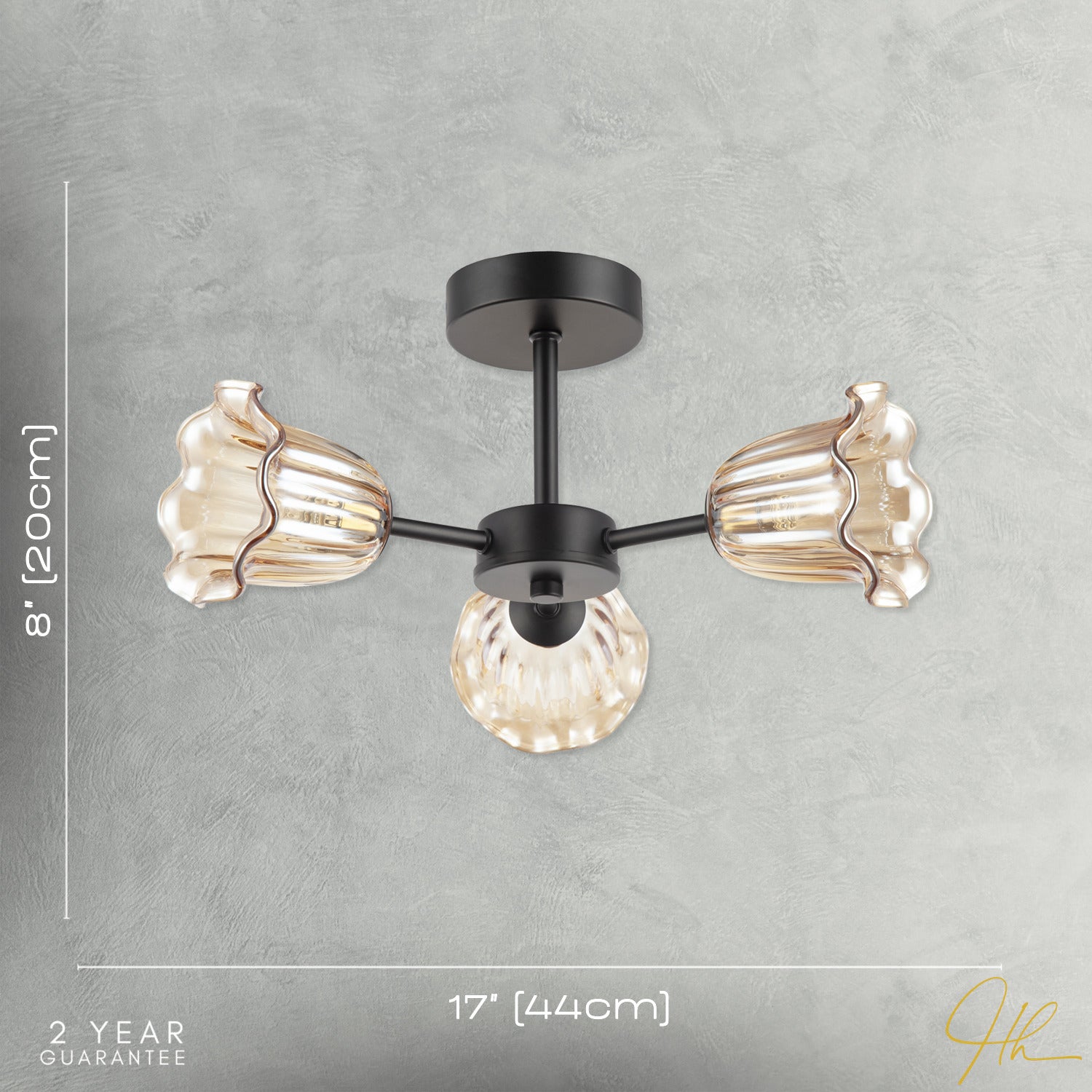 Designer Matte Black Ceiling Light with Amber Floral Glass Shades Image 7