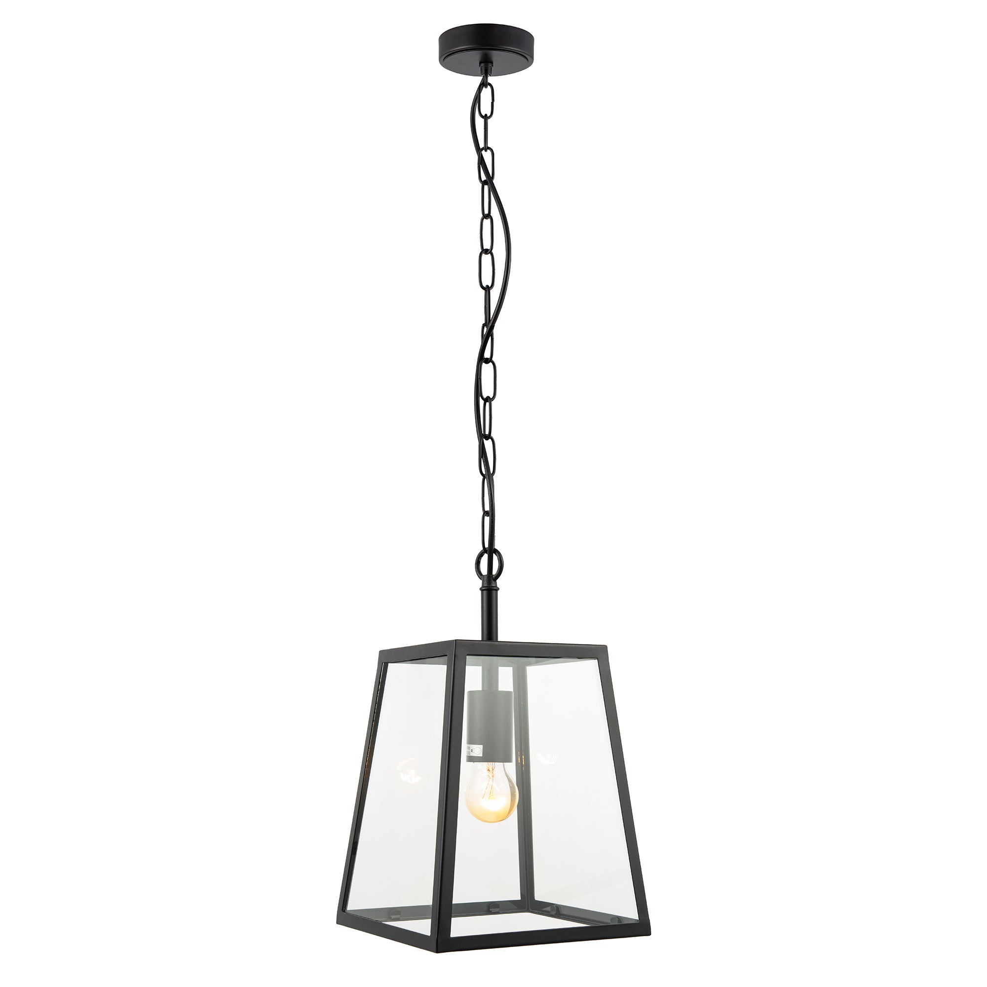 Classic Lantern Pendant Ceiling Light in Matte Black with Clear Glass Sides Image 1