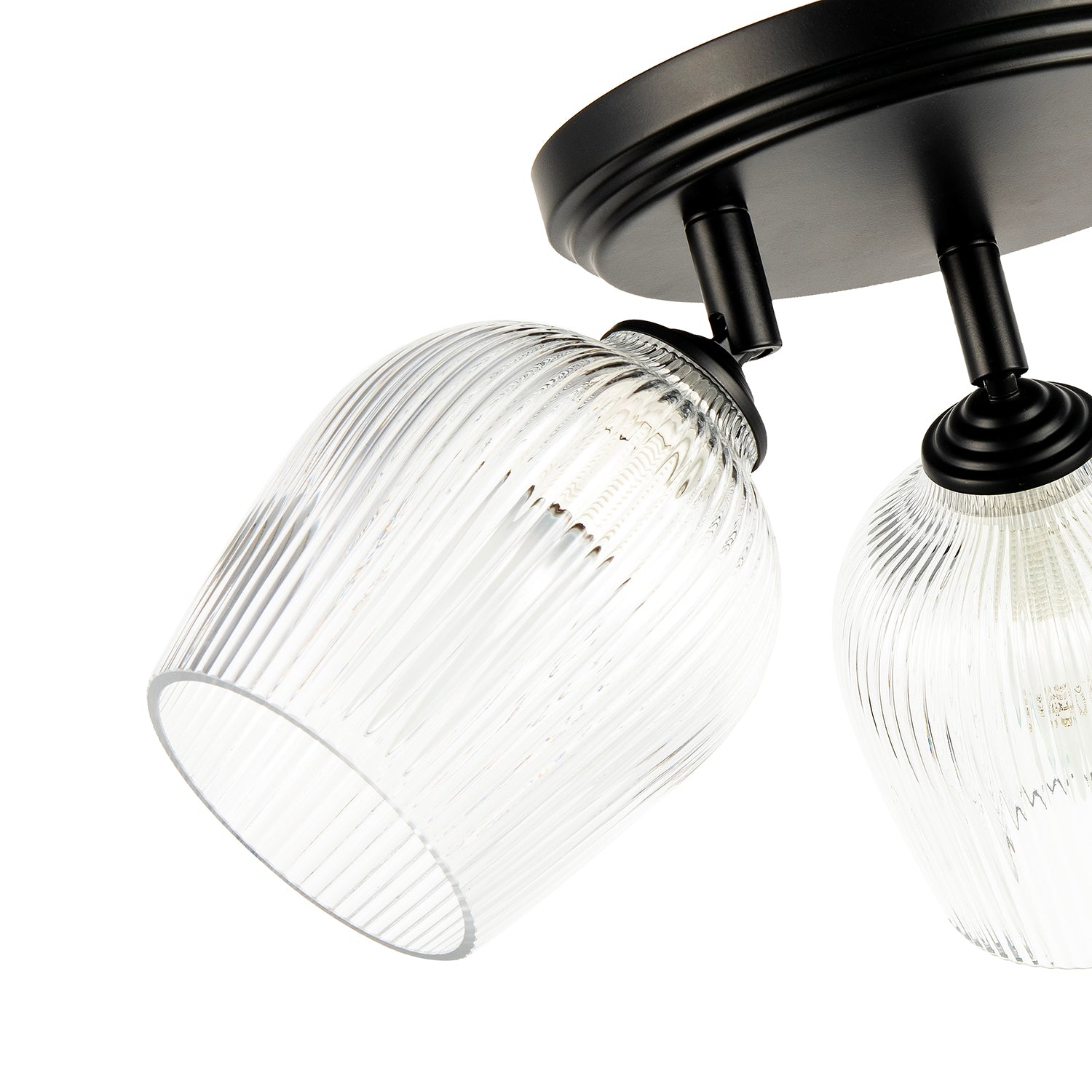 Matte Black Triple Spot Ceiling Light with Clear Ribbed Glass Shades Image 5