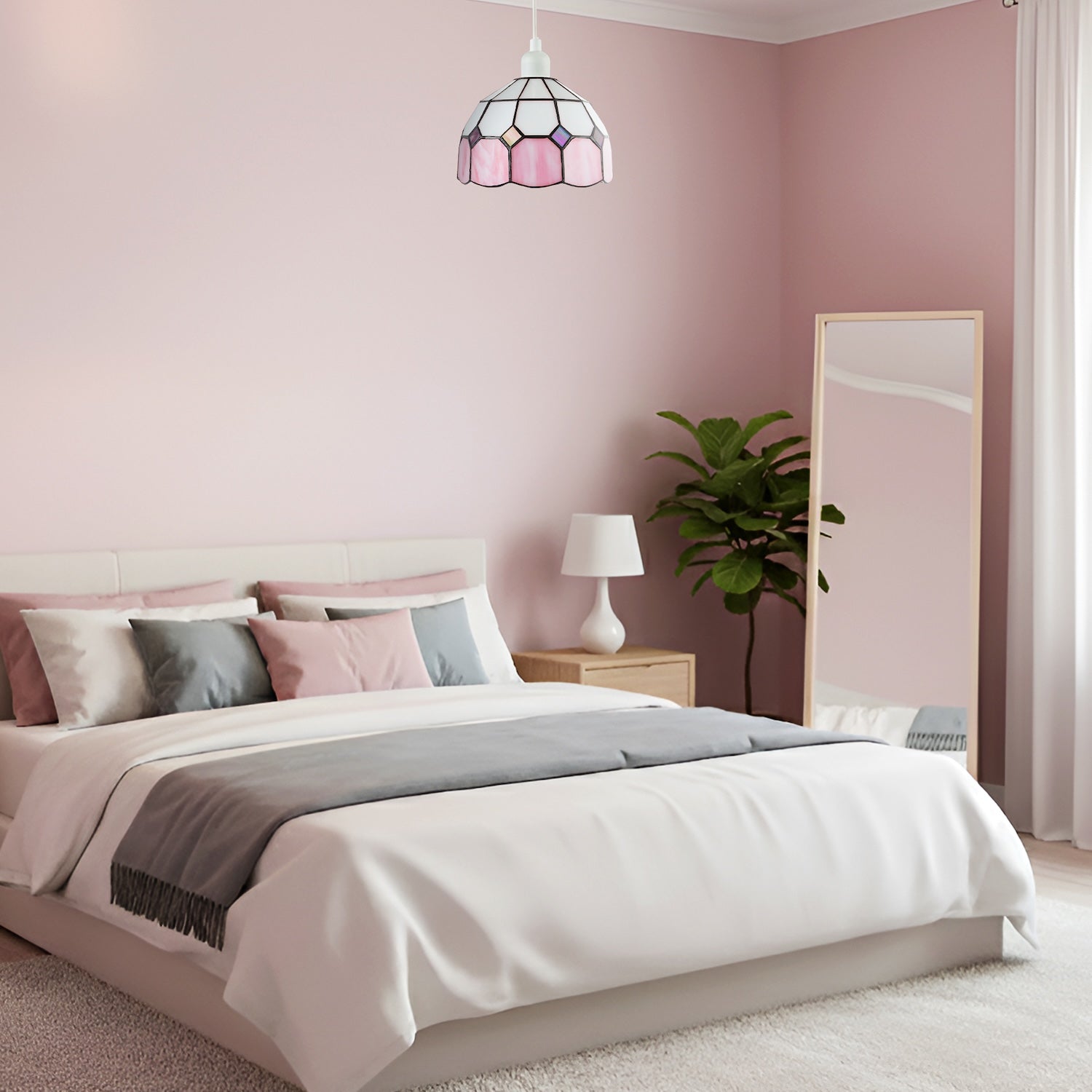 Traditional Soft Pink and Opal White Tiffany Glass Pendant Light Shade Image 6