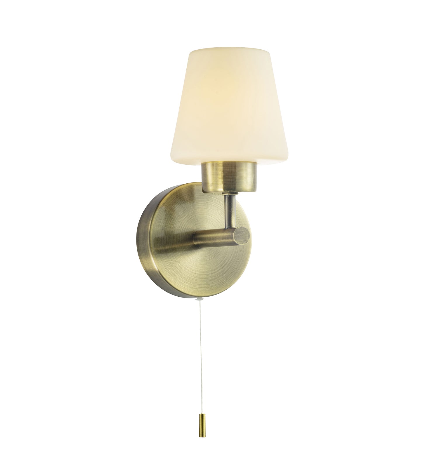 Modern Antique Brass and Opal Glass IP44 Rated Bathroom Wall Lighting Fixture Image 1