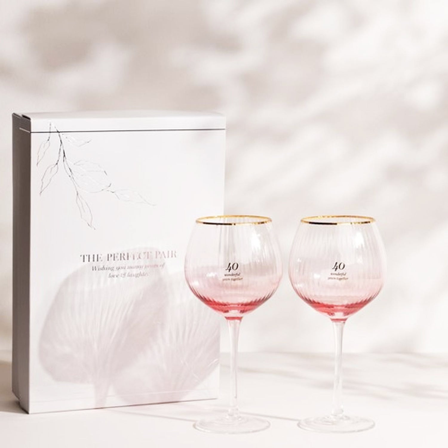 40th Anniversary Pair of Large Clear Ribbed Glass Gin Glasses with Gift Box Image 3