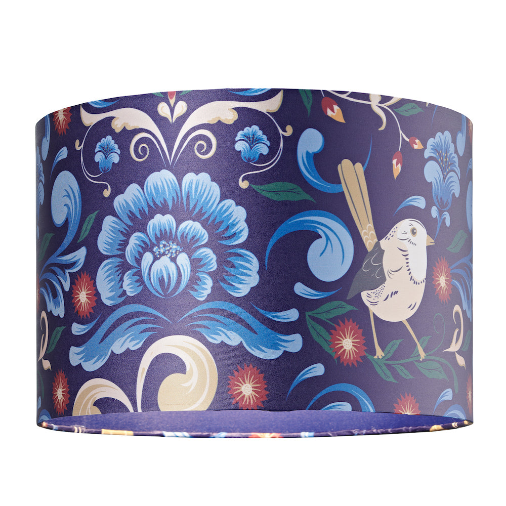 Vivid Floral Midnight Blue Satin Fabric 12" Drum Lamp Shade with Bird Decoration Image 2